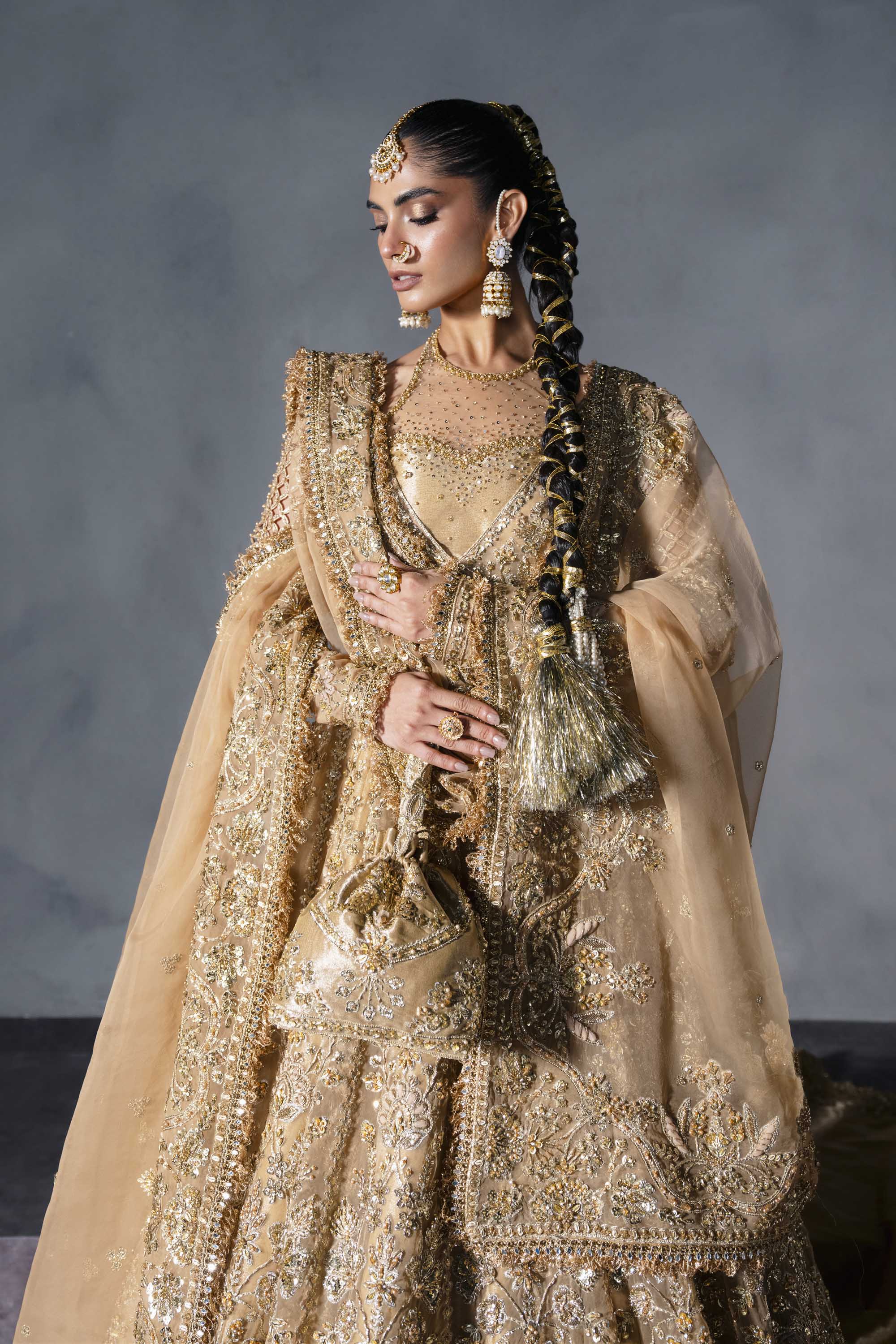 Pakistani Gold Zardozi Sequin Silk Bridal Lehenga (3-Piece) - Image 3