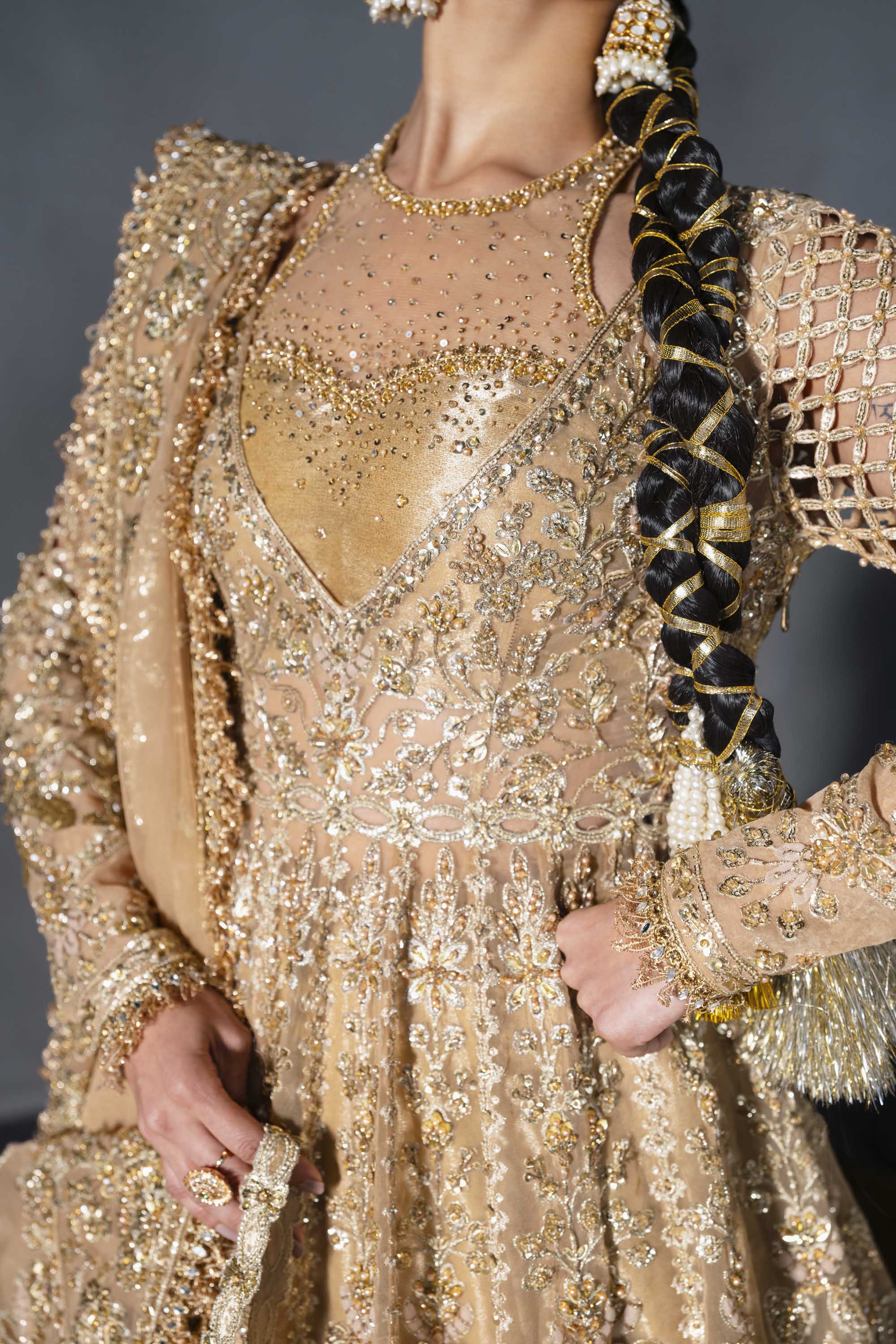 Pakistani Gold Zardozi Sequin Silk Bridal Lehenga (3-Piece) - Image 4