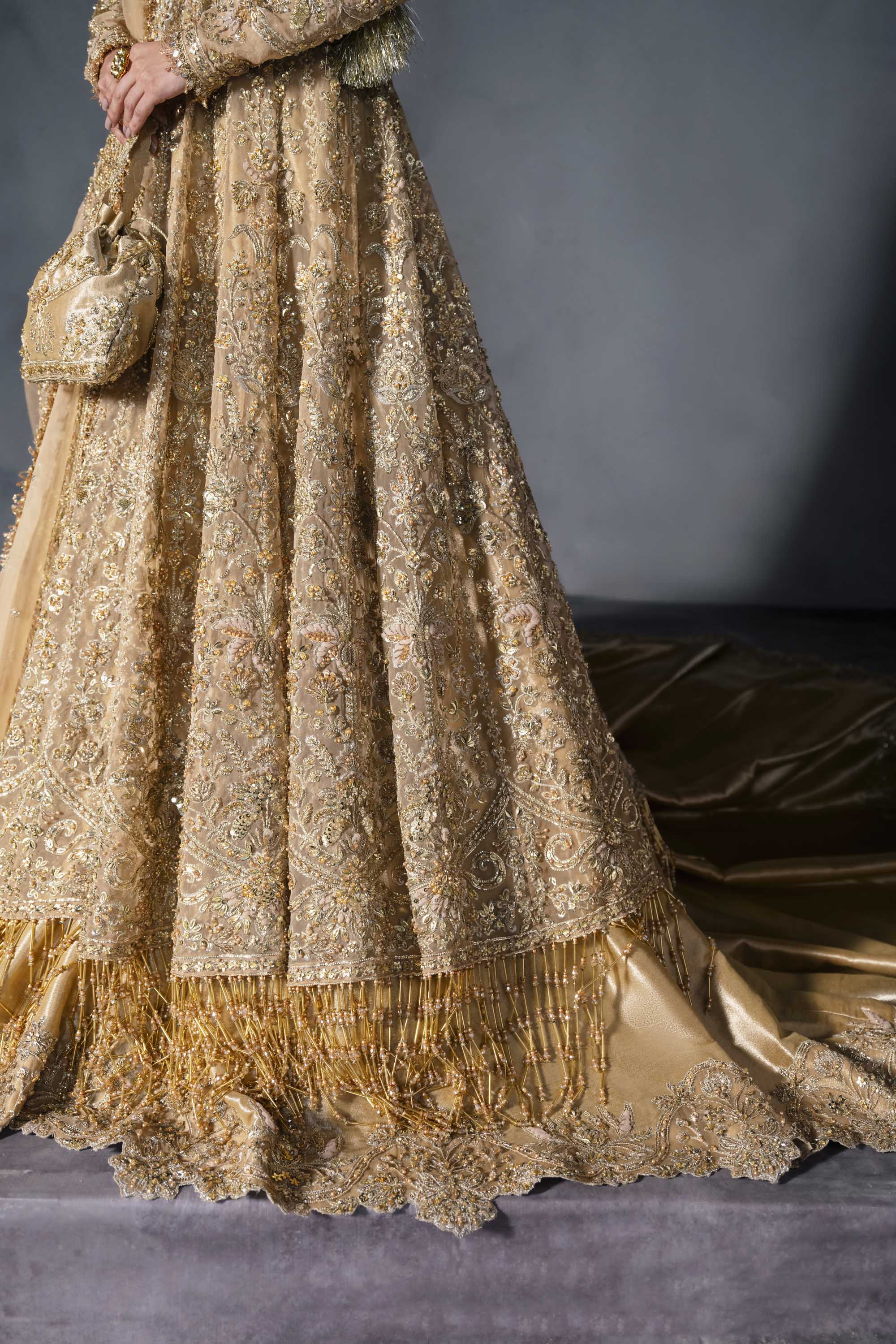 Pakistani Gold Zardozi Sequin Silk Bridal Lehenga (3-Piece) - Image 5