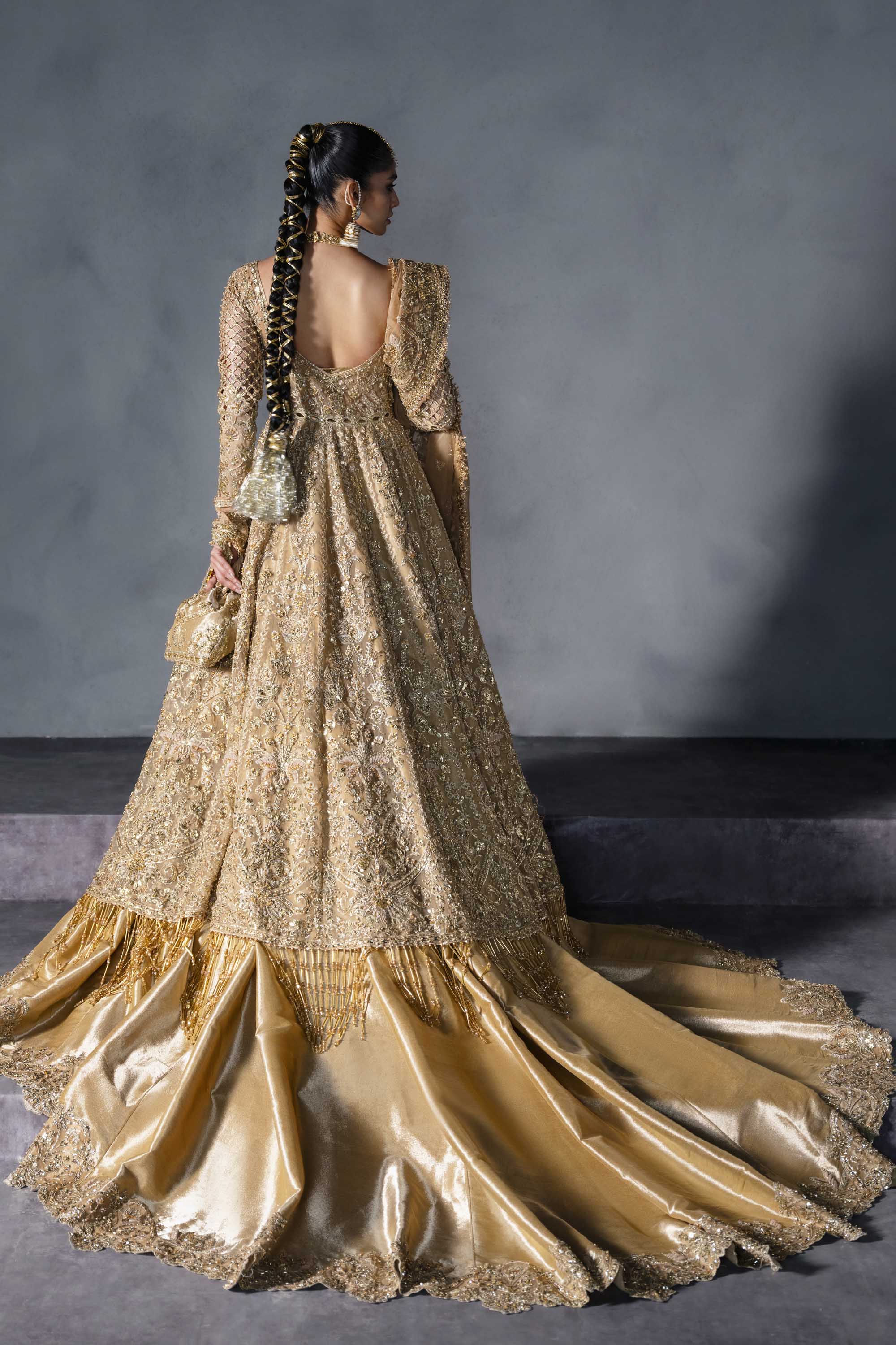 Pakistani Gold Zardozi Sequin Silk Bridal Lehenga (3-Piece) - Image 6