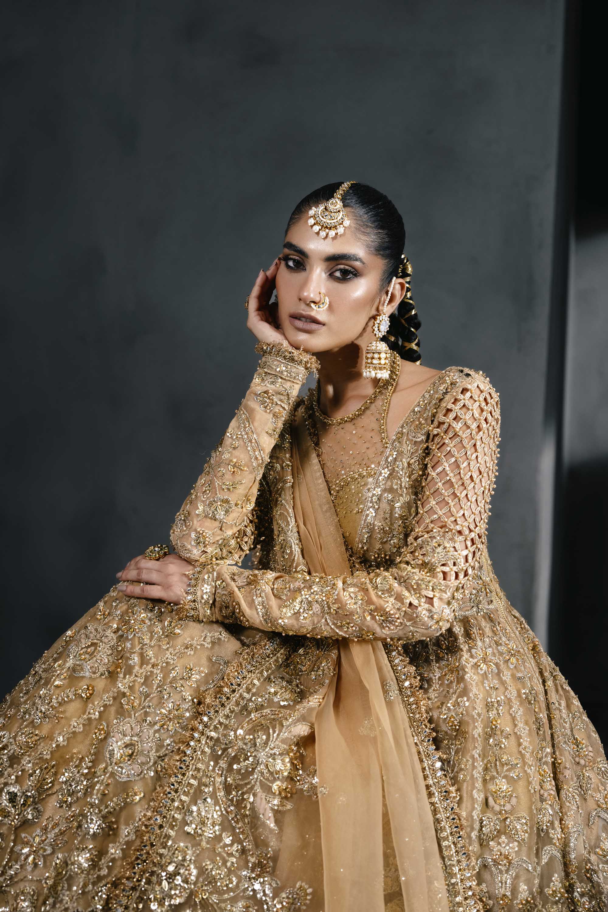 Pakistani Gold Zardozi Sequin Silk Bridal Lehenga (3-Piece) - Image 7