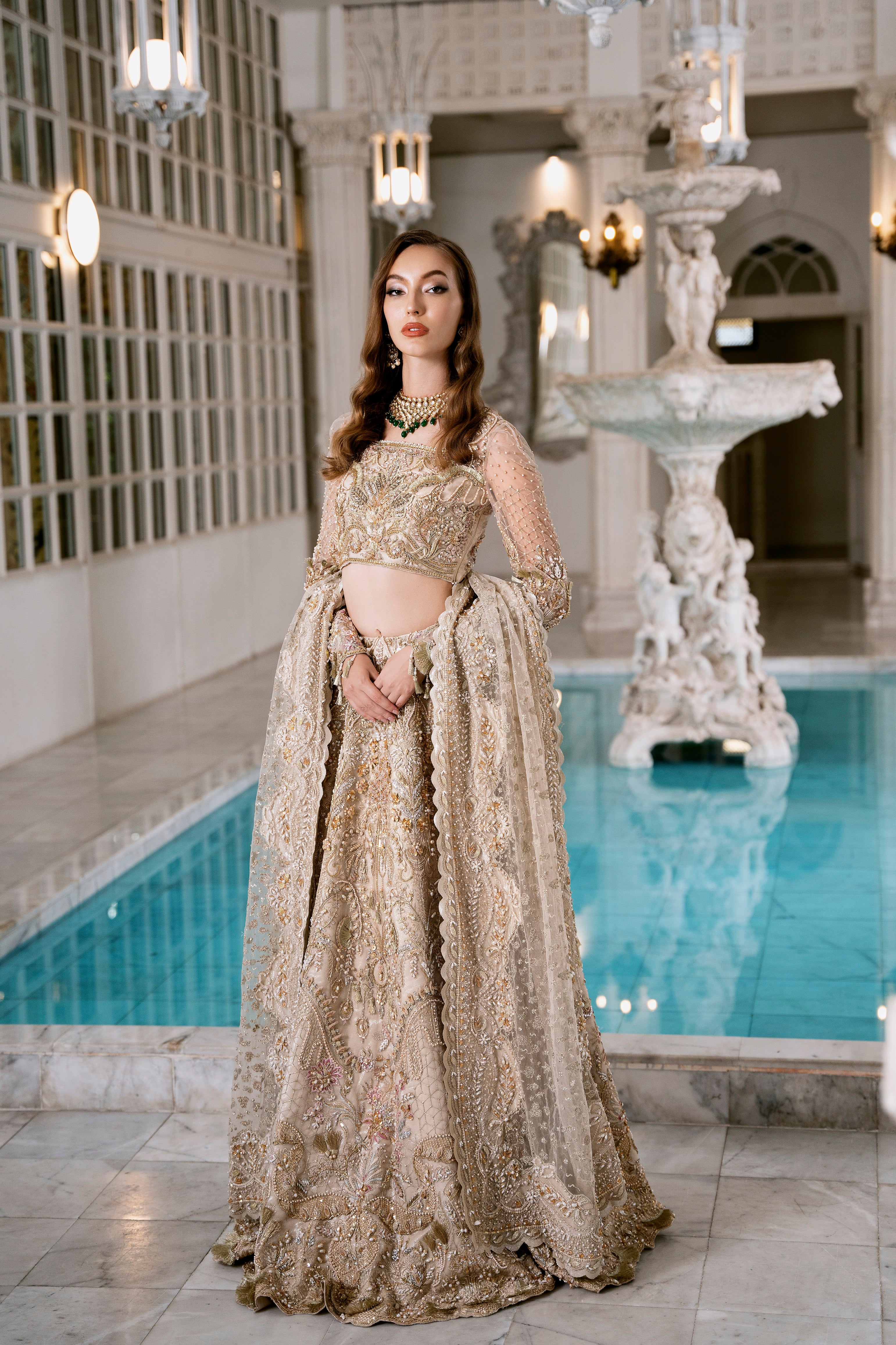 Golden Embellished Silk Net Bridal Lehenga (3-Piece) - Image 1