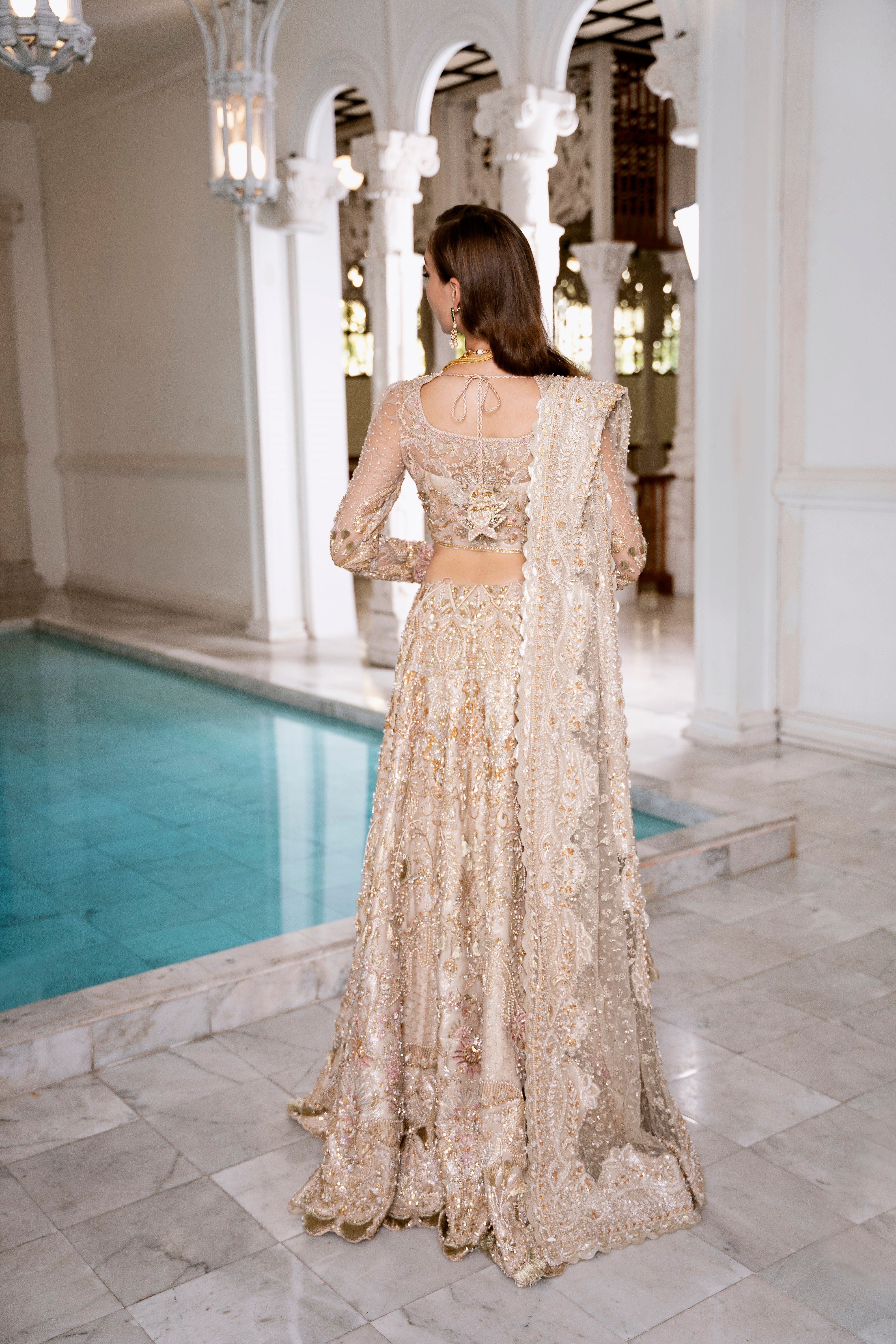 Golden Embellished Silk Net Bridal Lehenga (3-Piece) - Image 2