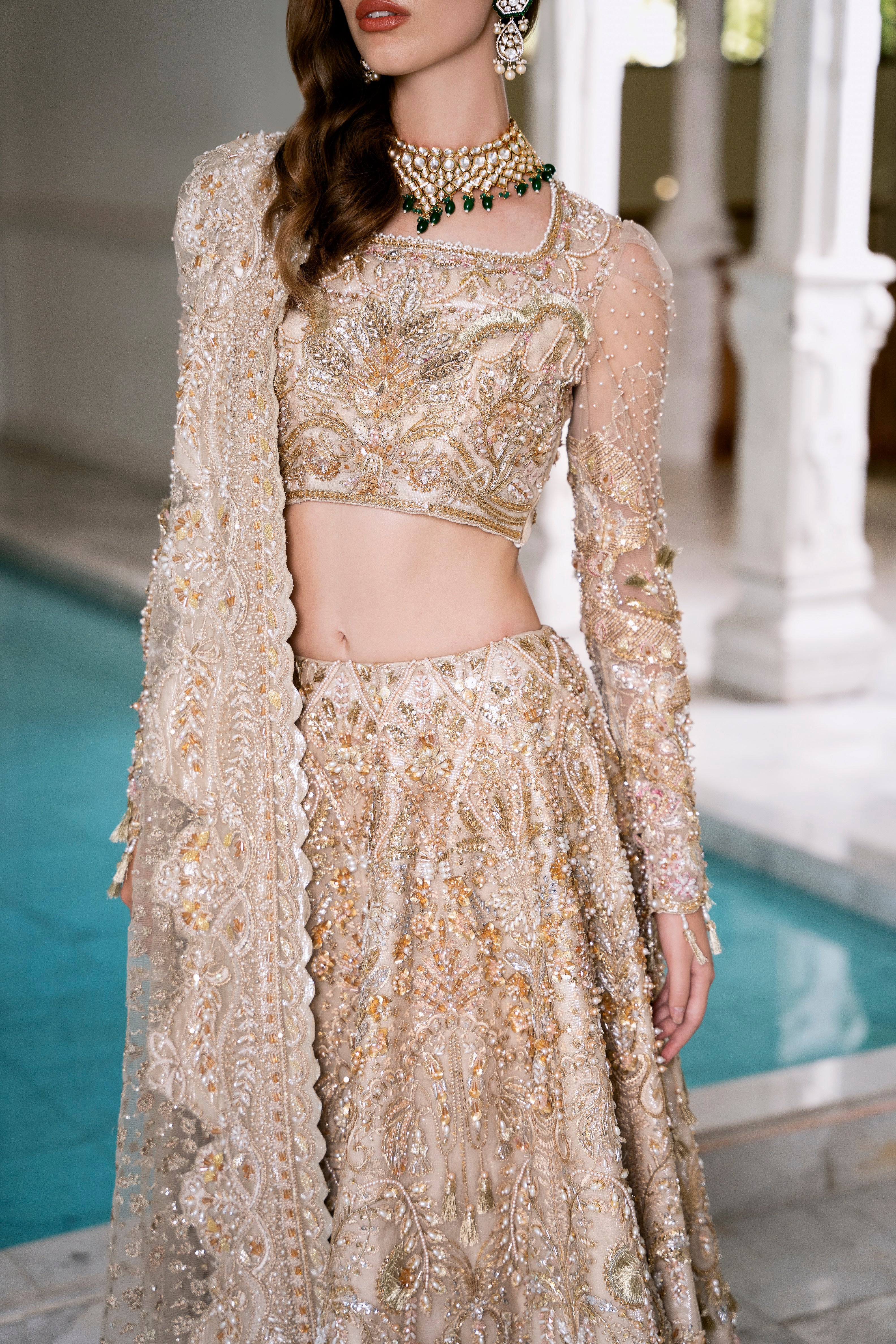 Golden Embellished Silk Net Bridal Lehenga (3-Piece) - Image 3