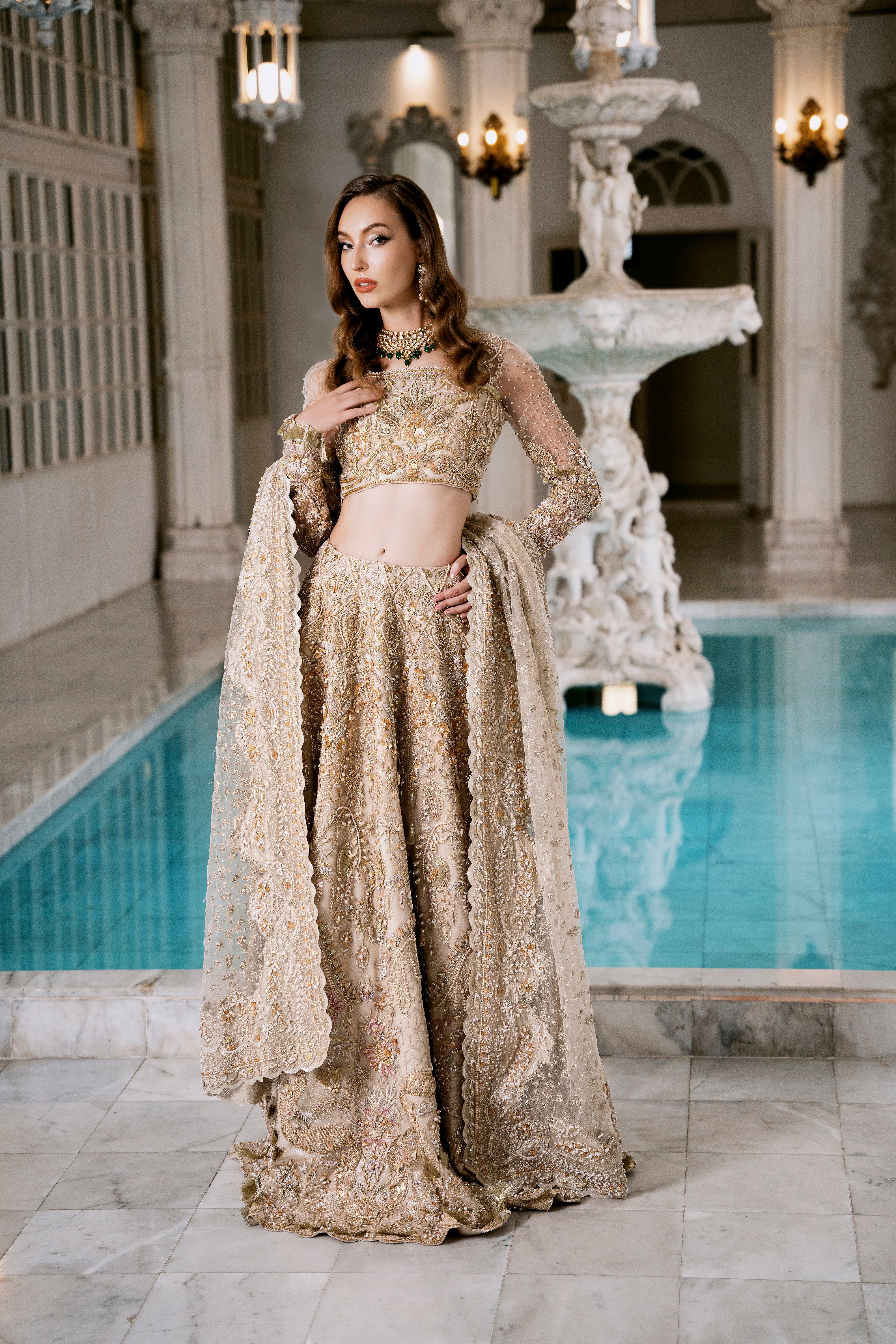 Golden Embellished Silk Net Bridal Lehenga (3-Piece) - Image 4