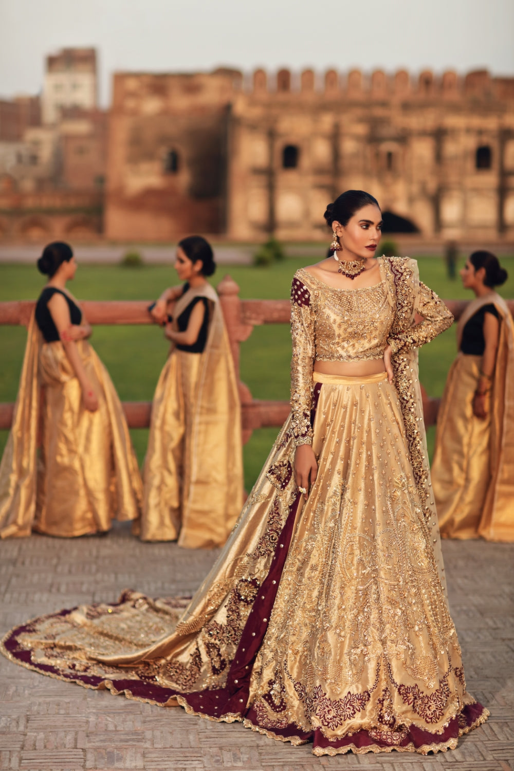 Gold Maroon Embellished Silk Velvet Bridal Lehenga (3-Piece) - Image 3