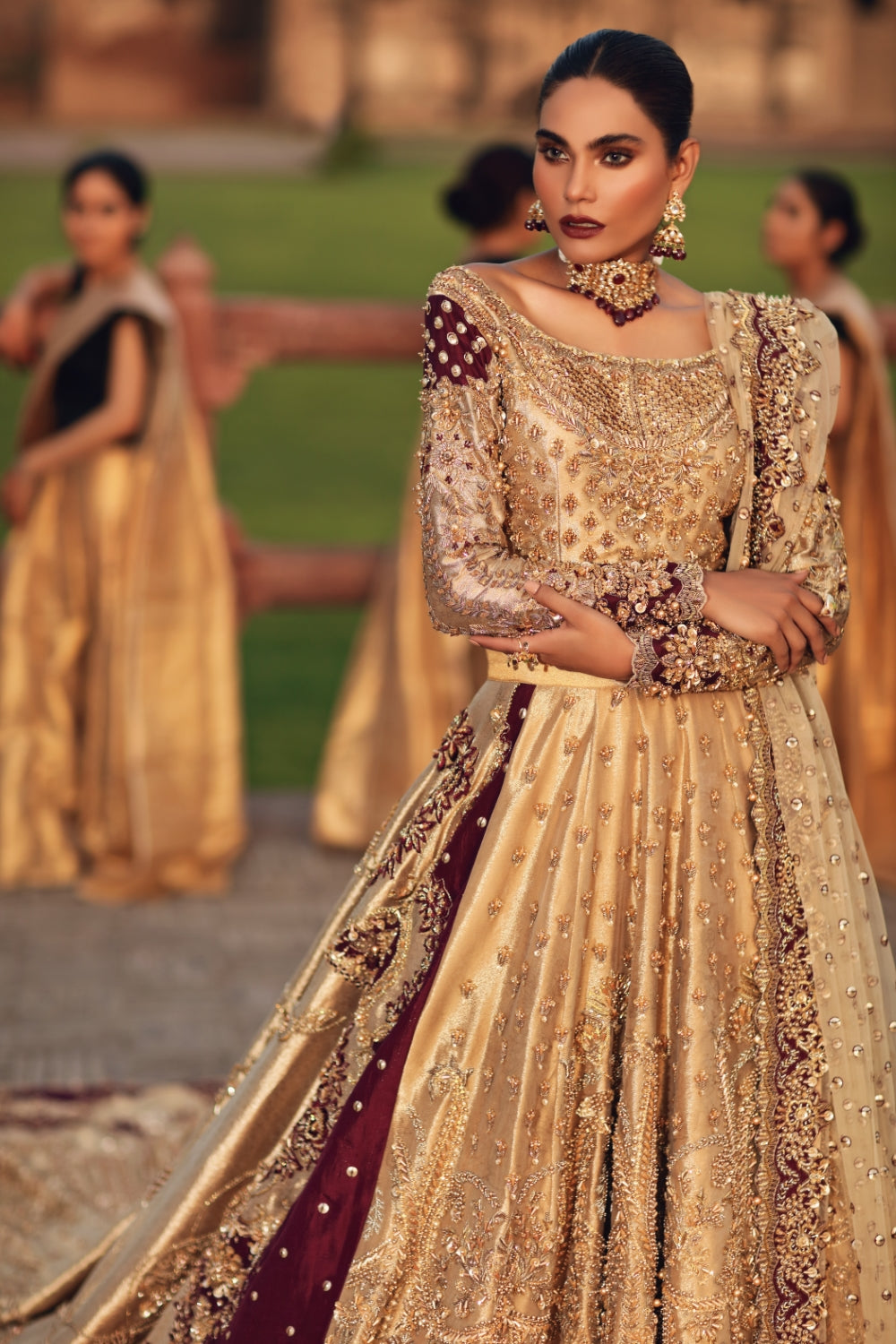 Gold Maroon Embellished Silk Velvet Bridal Lehenga (3-Piece) - Image 4