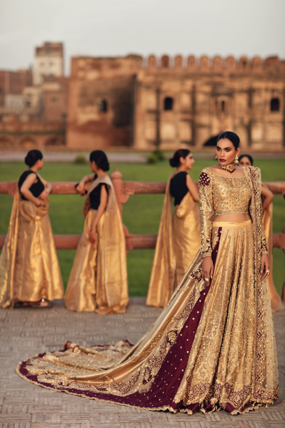 Gold Maroon Embellished Silk Velvet Bridal Lehenga (3-Piece) - Image 5