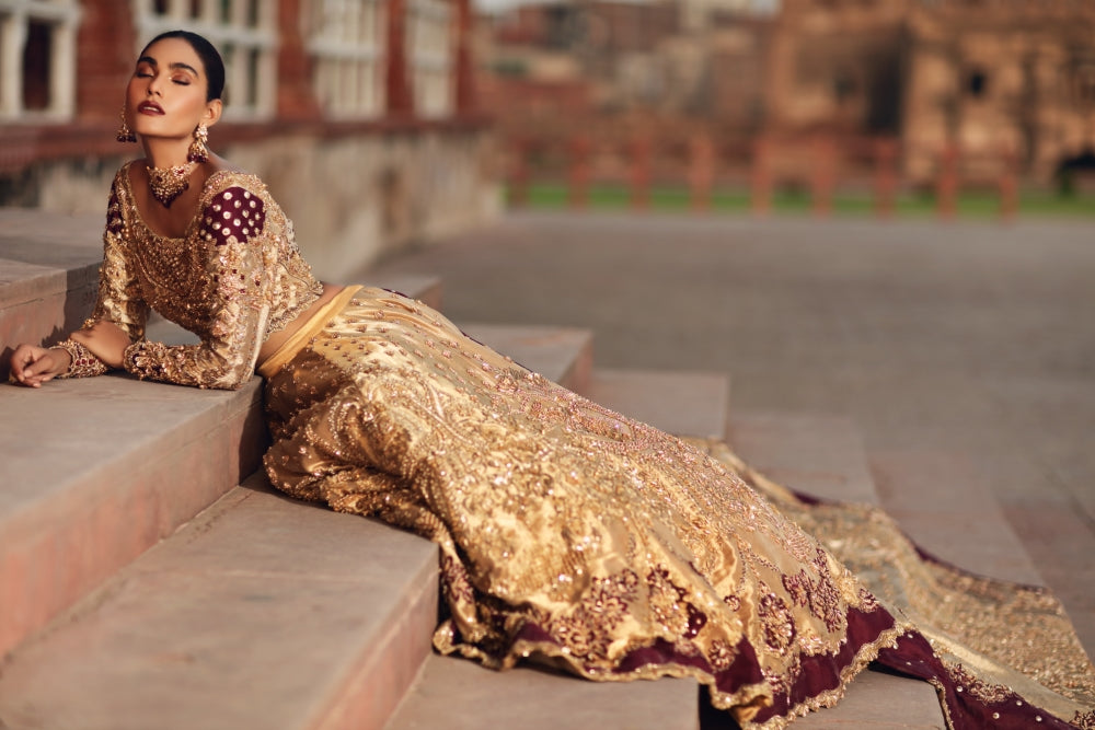 Pakistani Gold Maroon Embellished Silk Velvet Bridal Lehenga (3-Piece) - Image 6