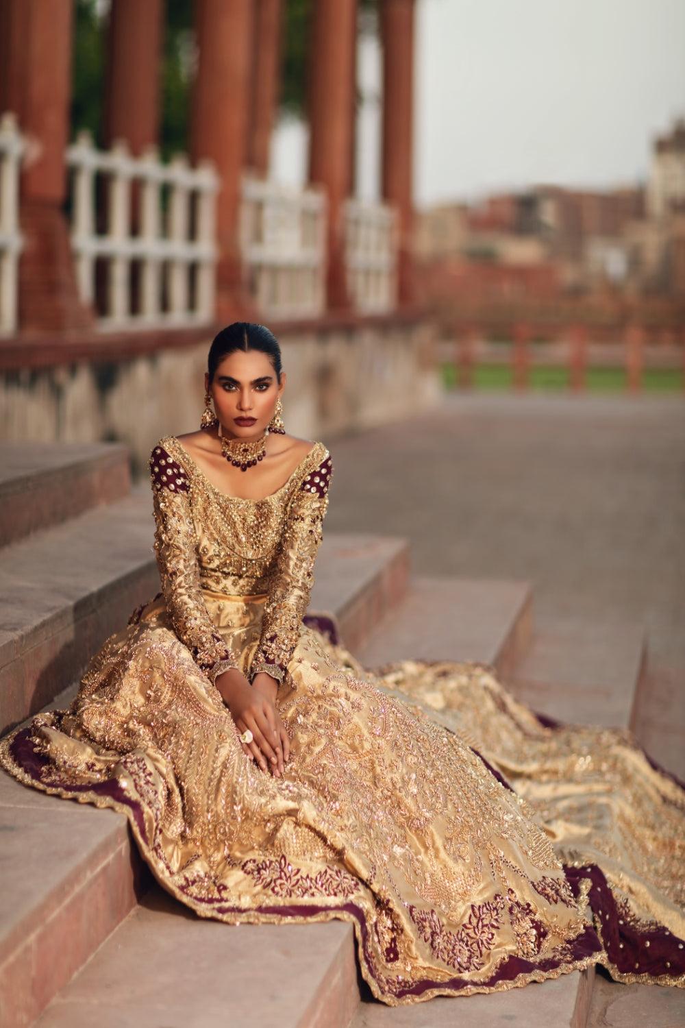 Pakistani Gold Maroon Embellished Silk Velvet Bridal Lehenga (3-Piece) - Image 7