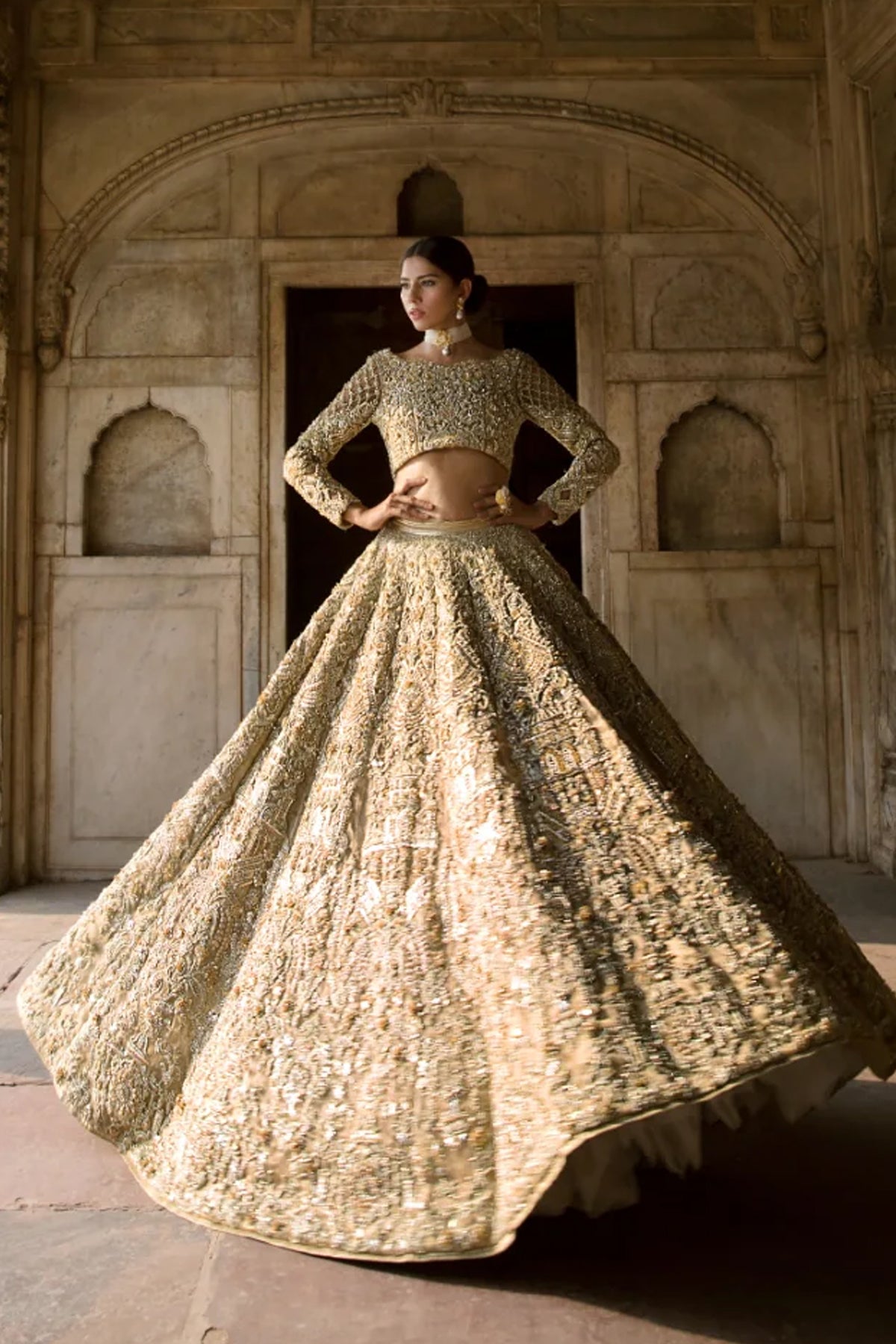 Pakistani Rose Gold Embellished Silk Bridal Lehenga (3-Piece) - Image 1