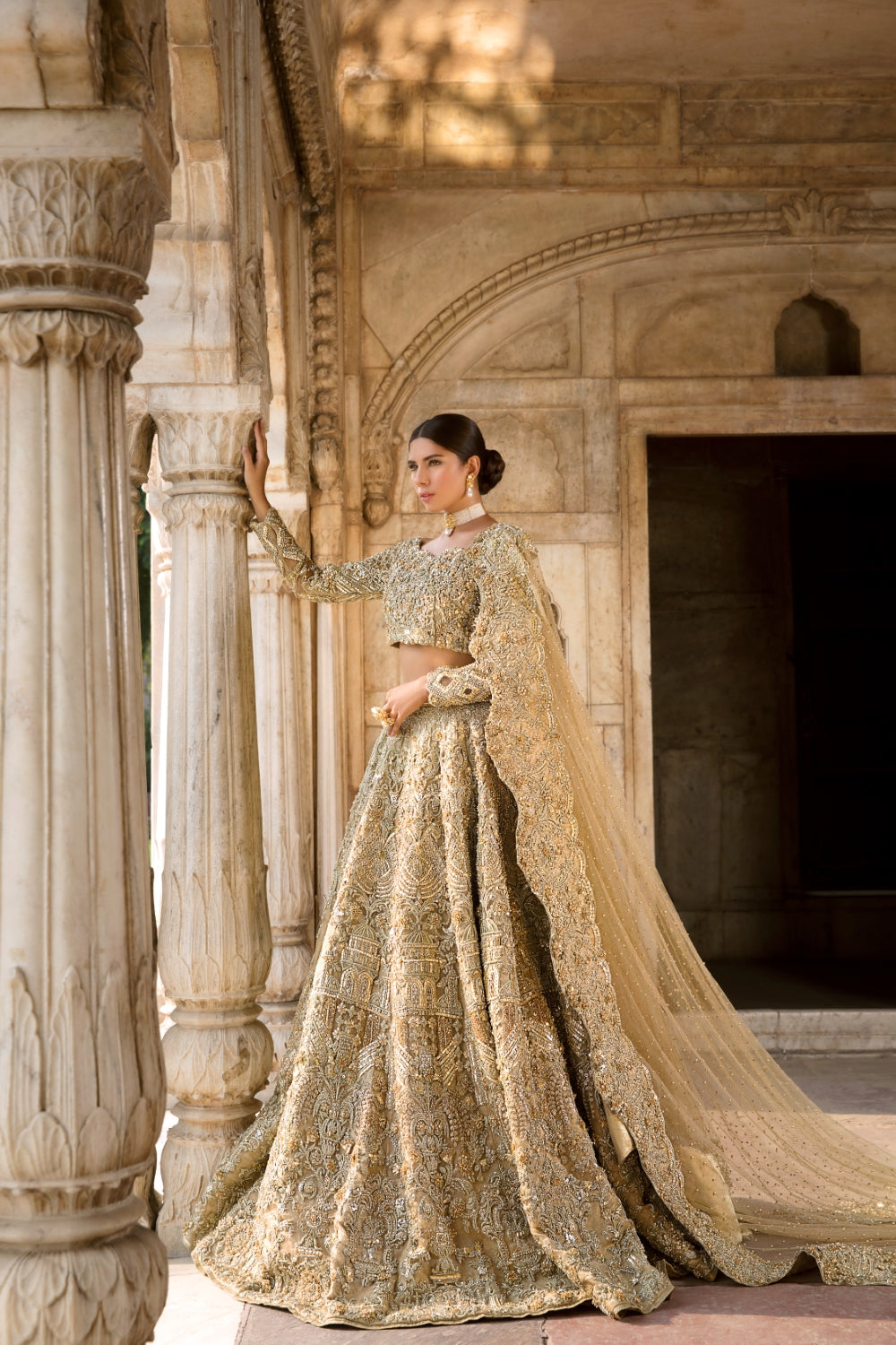Pakistani Rose Gold Embellished Silk Bridal Lehenga (3-Piece) - Image 2