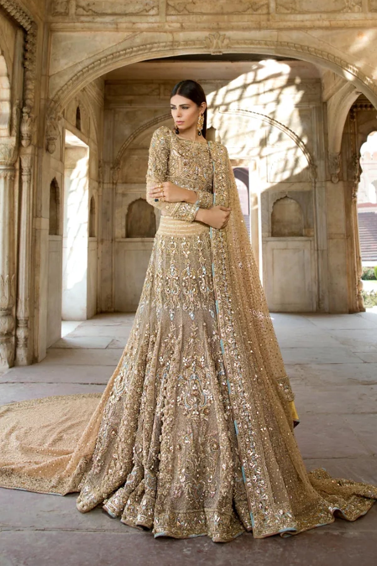 Gold Embellished Silk Net Bridal Lehenga (3-Piece) - Image 1