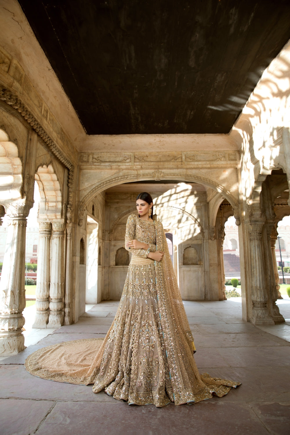 Gold Embellished Silk Net Bridal Lehenga (3-Piece) - Image 2