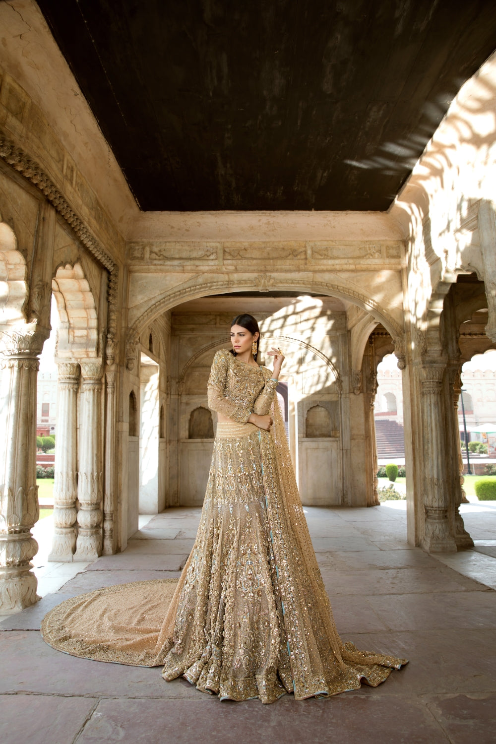 Gold Embellished Silk Net Bridal Lehenga (3-Piece) - Image 3