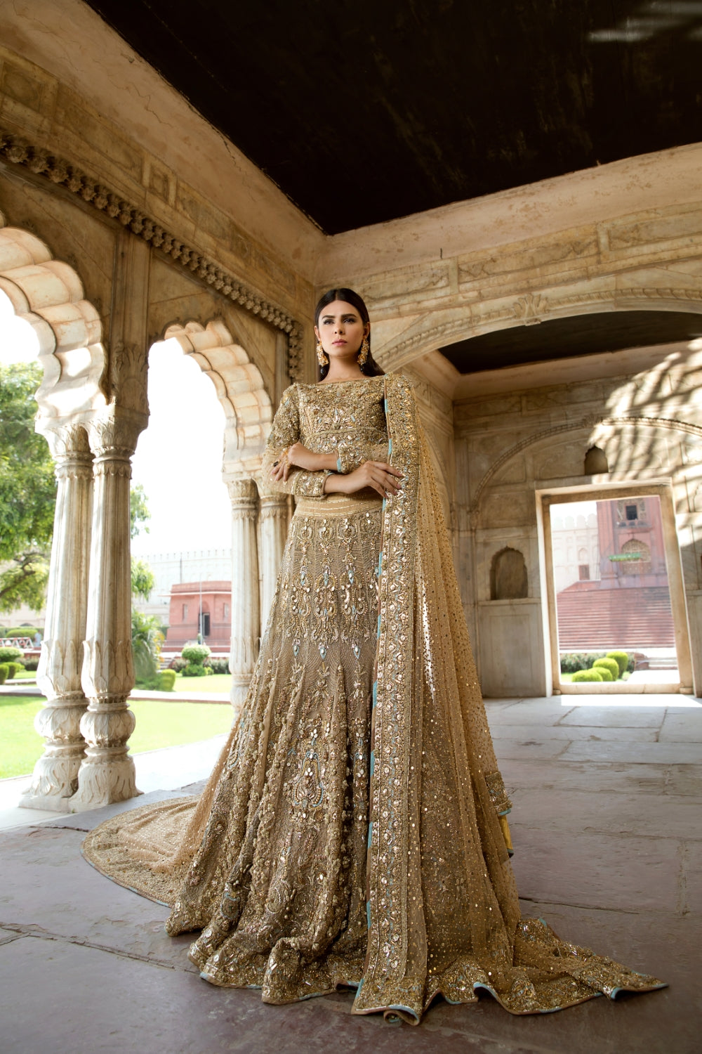 Gold Embellished Silk Net Bridal Lehenga (3-Piece) - Image 5