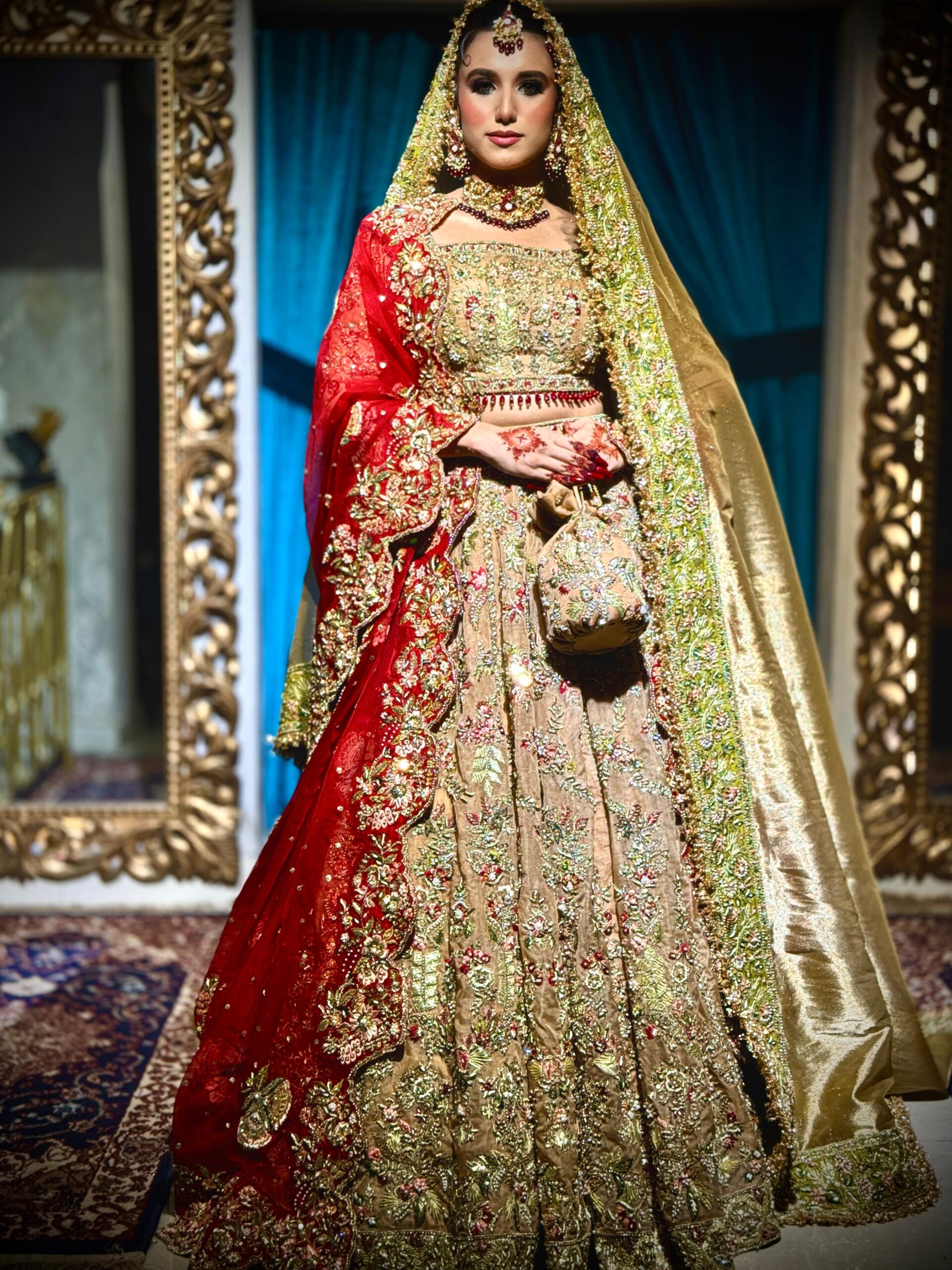 Pakistani Gold and Red Embellished Silk Bridal Lehenga (3-Piece) - Image 1