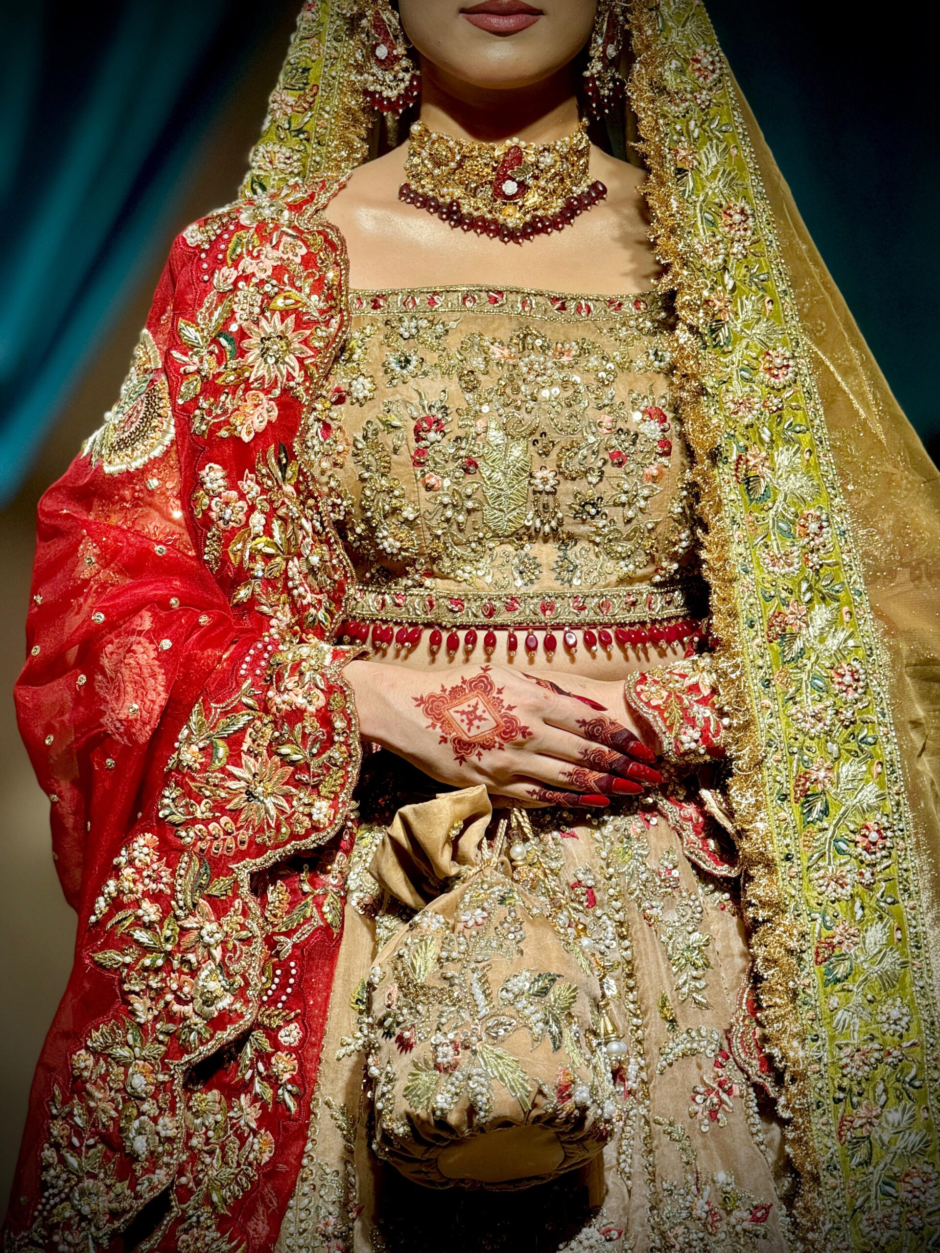 Pakistani Gold and Red Embellished Silk Bridal Lehenga (3-Piece) - Image 2