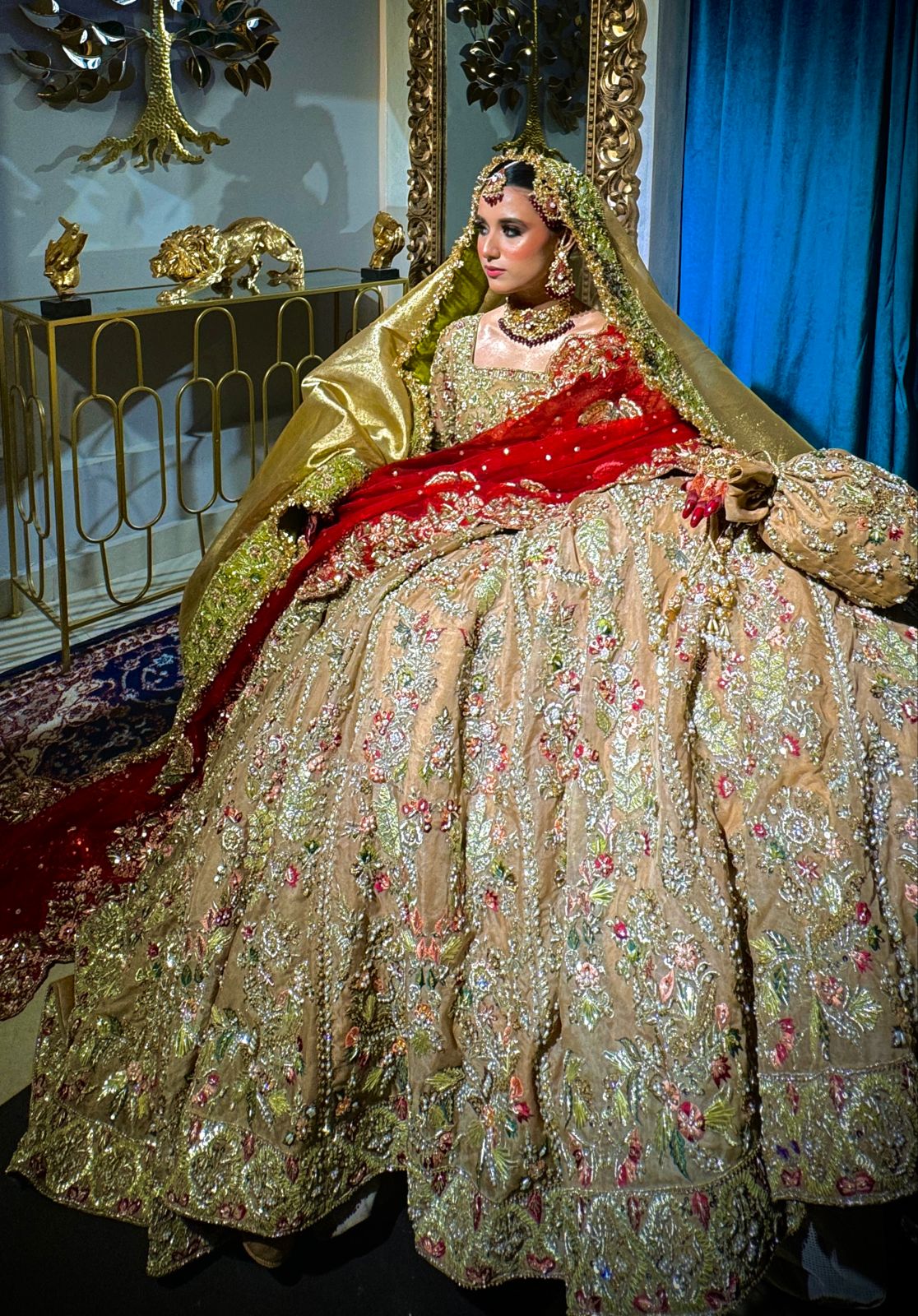 Pakistani Gold and Red Embellished Silk Bridal Lehenga (3-Piece) - Image 3