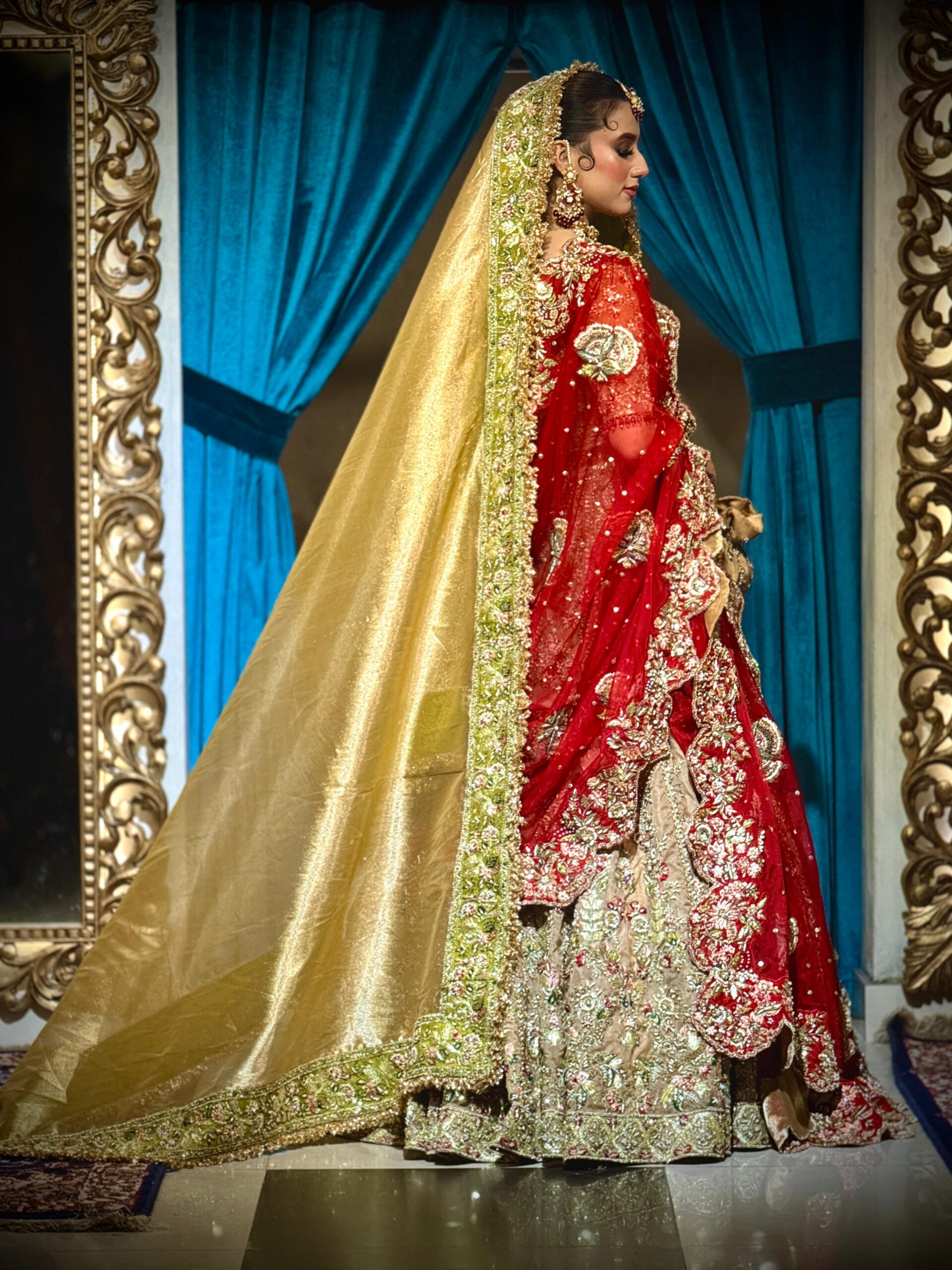 Pakistani Gold and Red Embellished Silk Bridal Lehenga (3-Piece) - Image 4