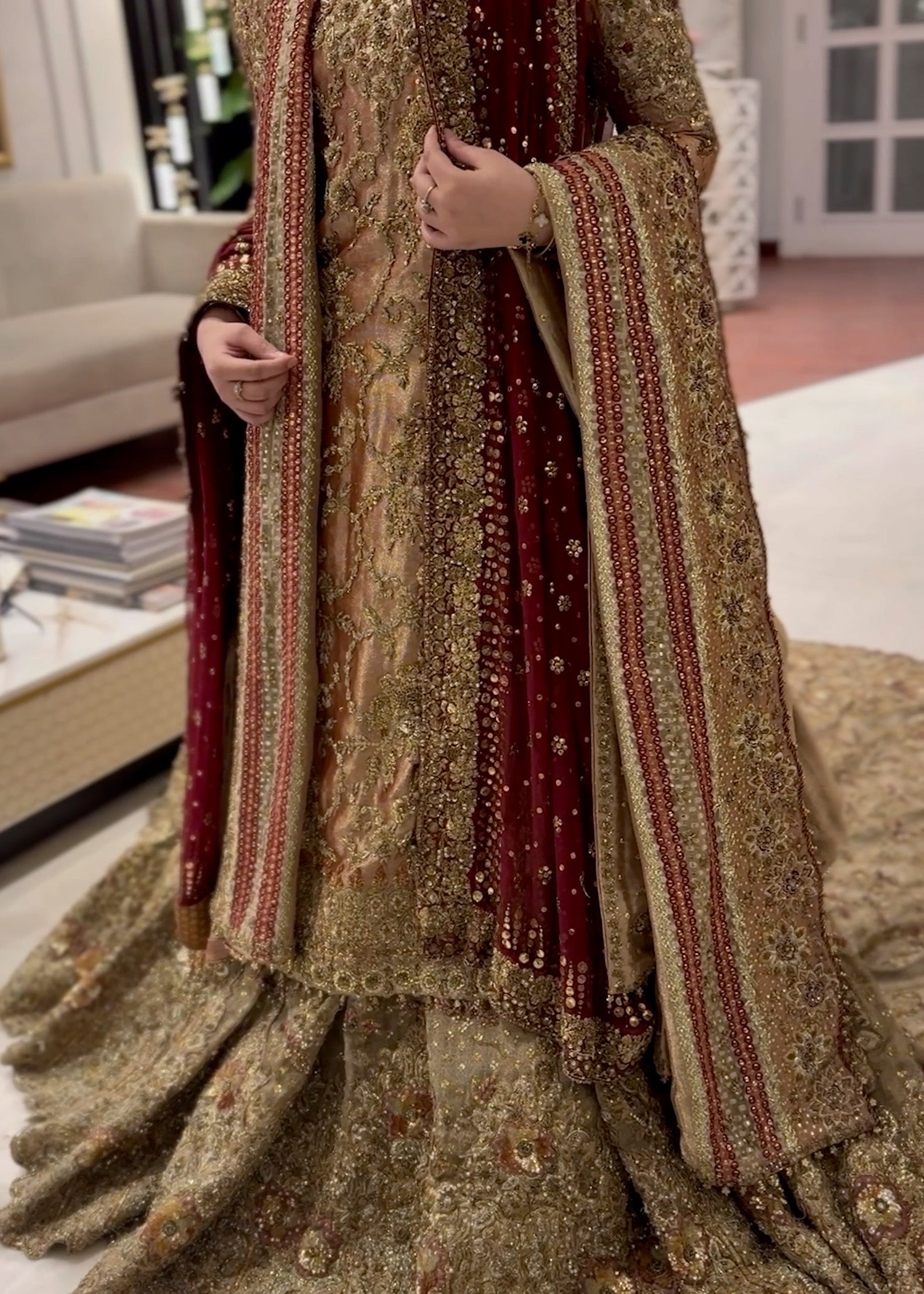 Antique Gold Embellished Silk Bridal Lehenga (3-Piece) - Image 1