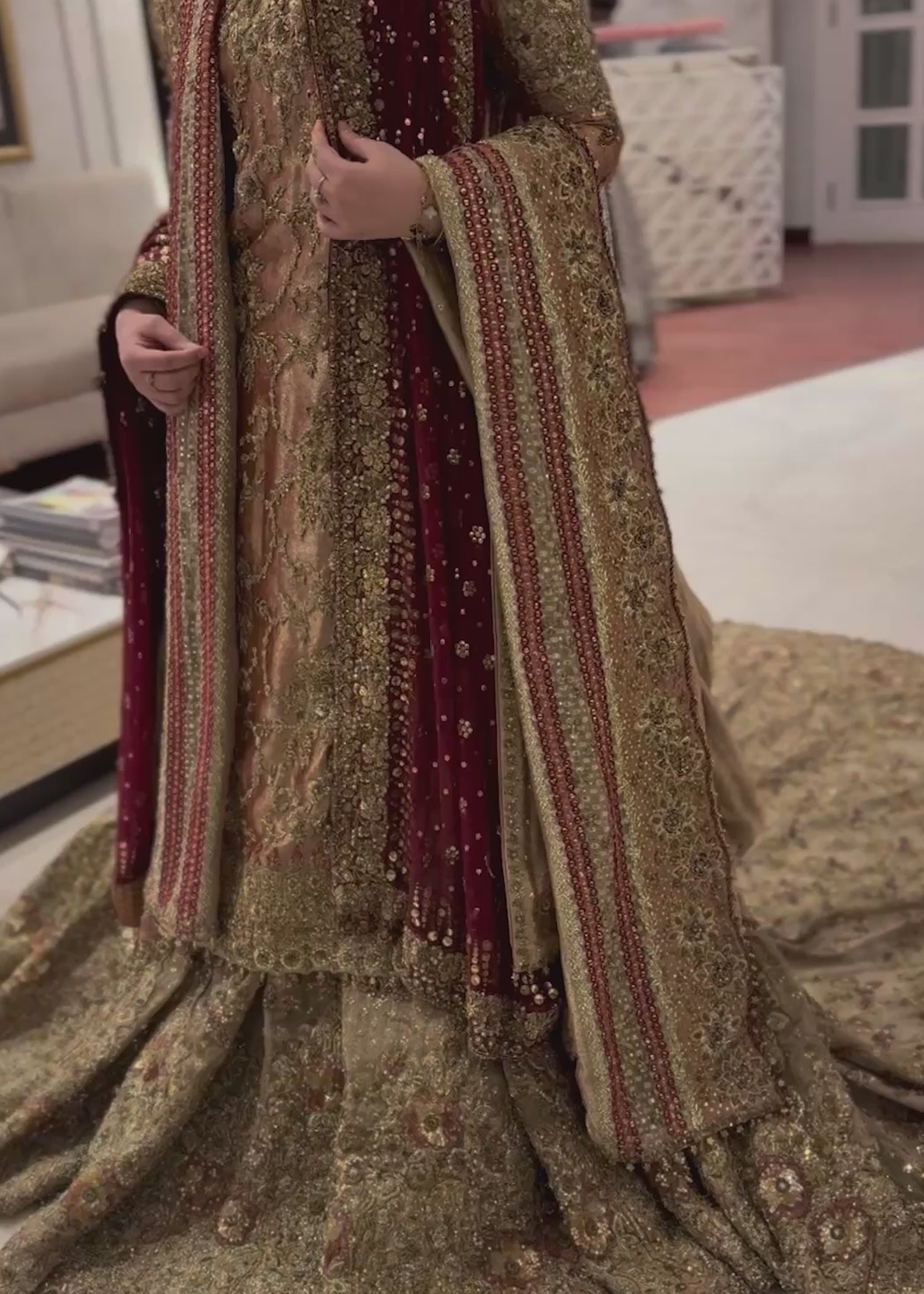 Antique Gold Embellished Silk Bridal Lehenga (3-Piece) - Image 5