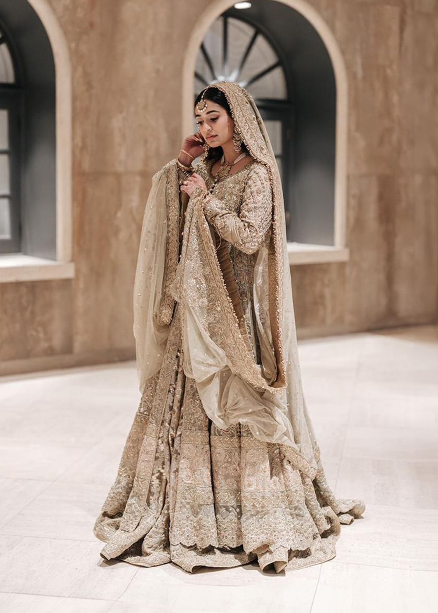 Pakistani Champagne Gold Embellished Silk Bridal Lehenga (3-Piece) - Image 1