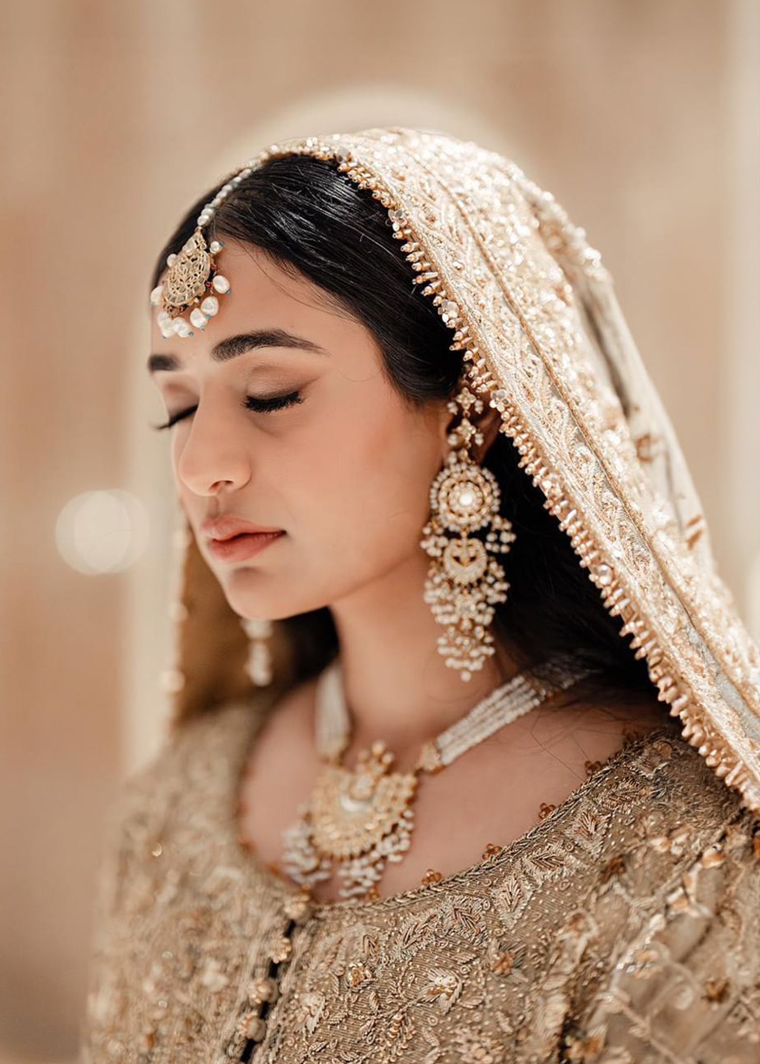 Pakistani Champagne Gold Embellished Silk Bridal Lehenga (3-Piece) - Image 2