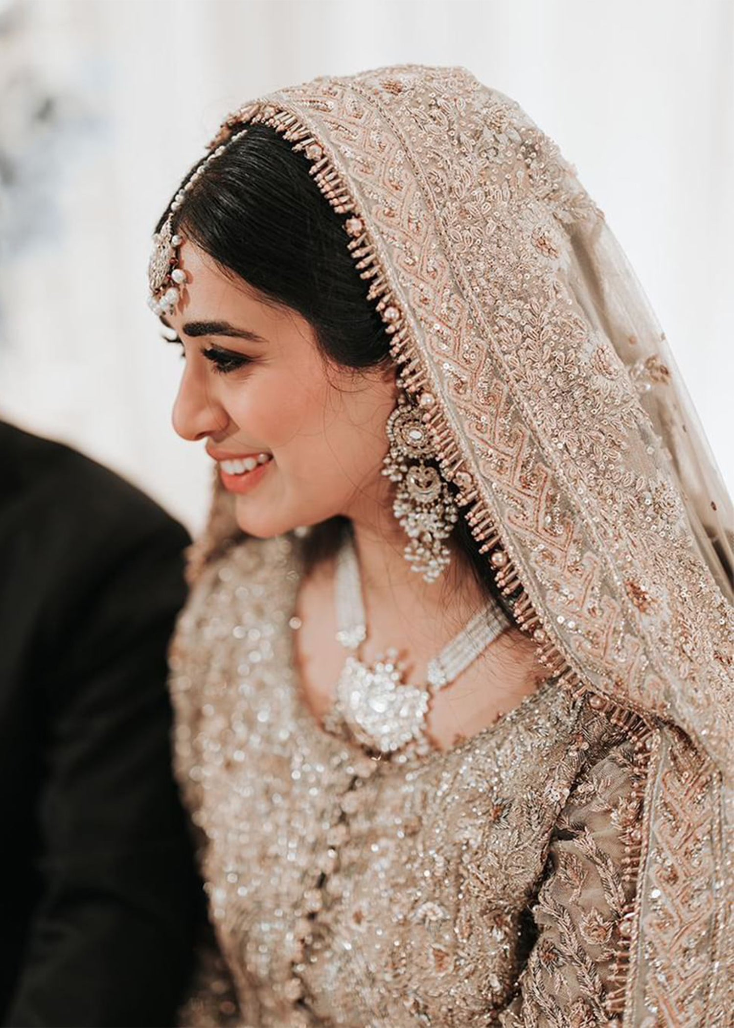 Pakistani Champagne Gold Embellished Silk Bridal Lehenga (3-Piece) - Image 3