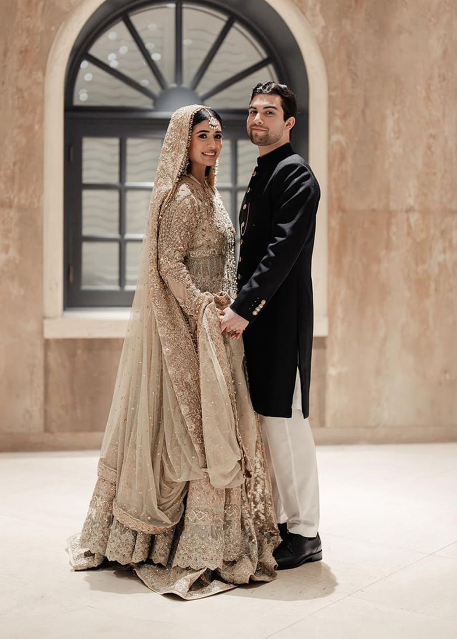 Pakistani Champagne Gold Embellished Silk Bridal Lehenga (3-Piece) - Image 4