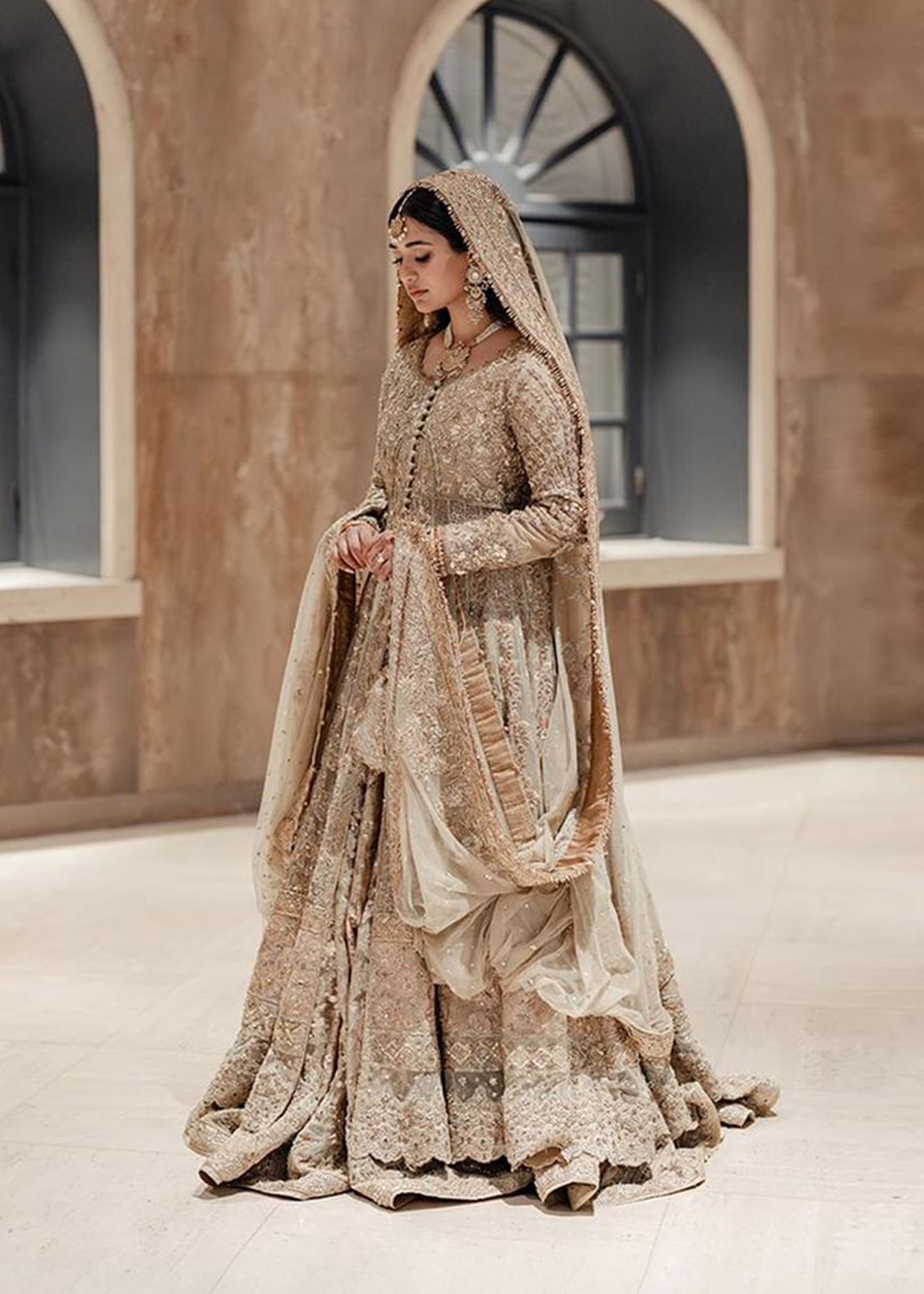 Pakistani Champagne Gold Embellished Silk Bridal Lehenga (3-Piece) - Image 6