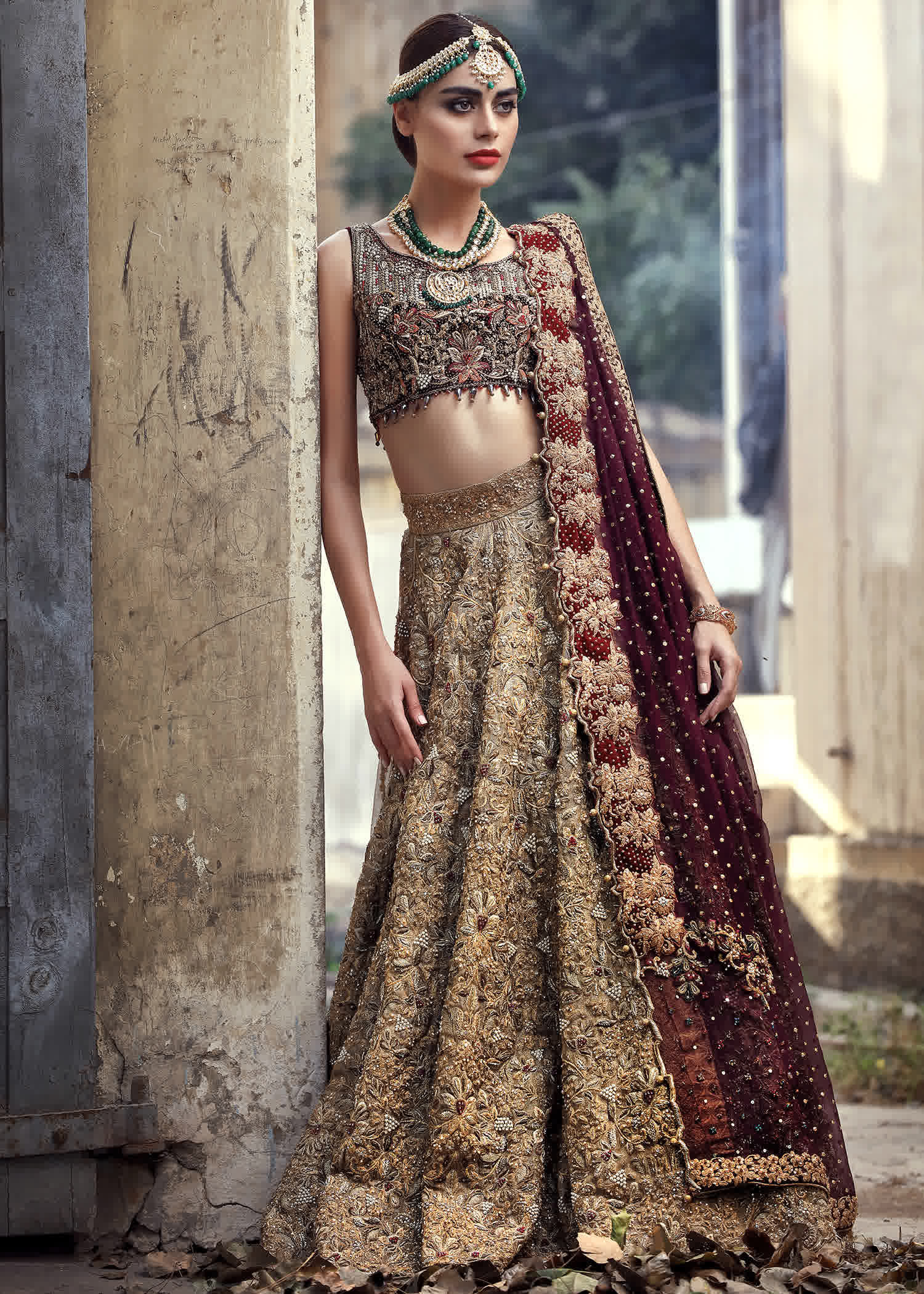 Antique Gold Embroidered Silk Lehenga Choli (3-Piece) - Image 1