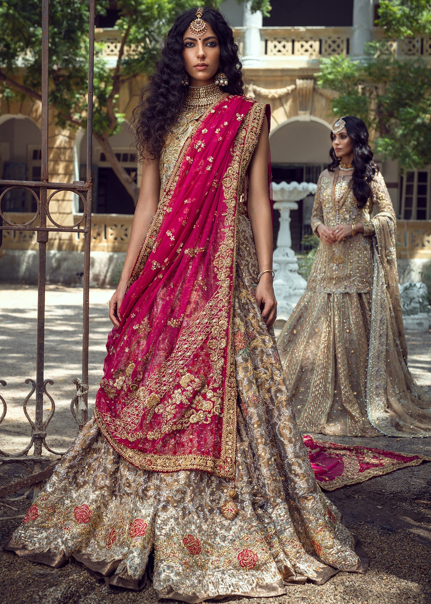 Antique Gold Embroidered Silk Bridal Lehenga (3-Piece) - Image 1