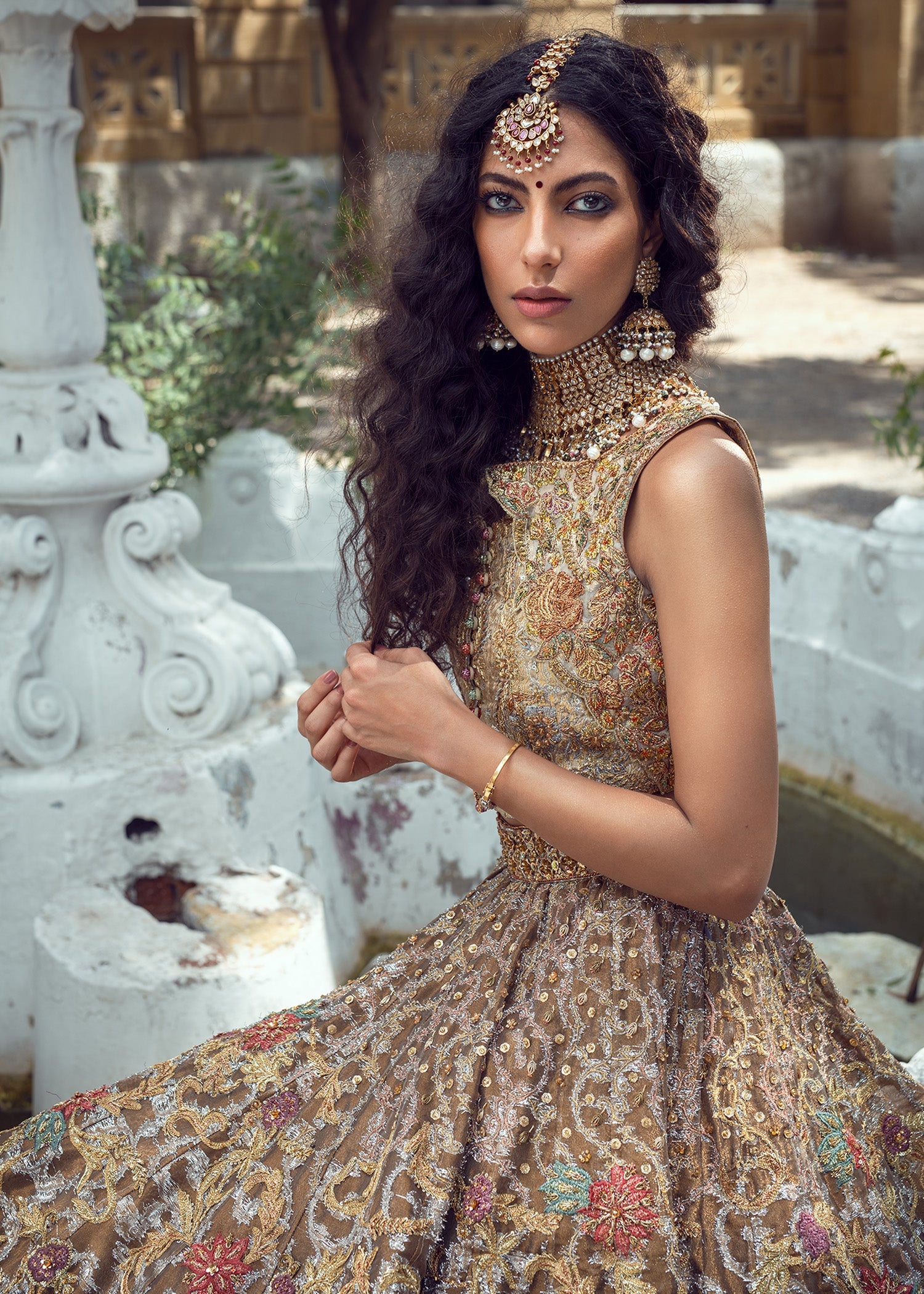 Antique Gold Embroidered Silk Bridal Lehenga (3-Piece) - Image 2