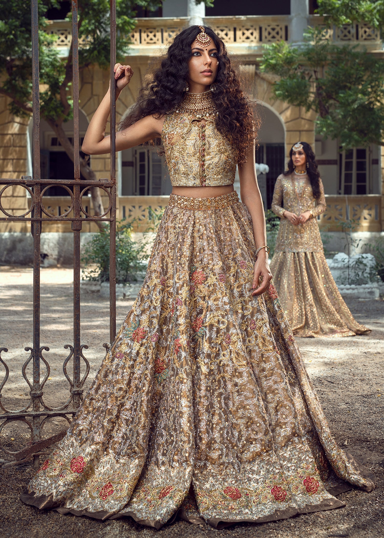 Antique Gold Embroidered Silk Bridal Lehenga (3-Piece) - Image 3