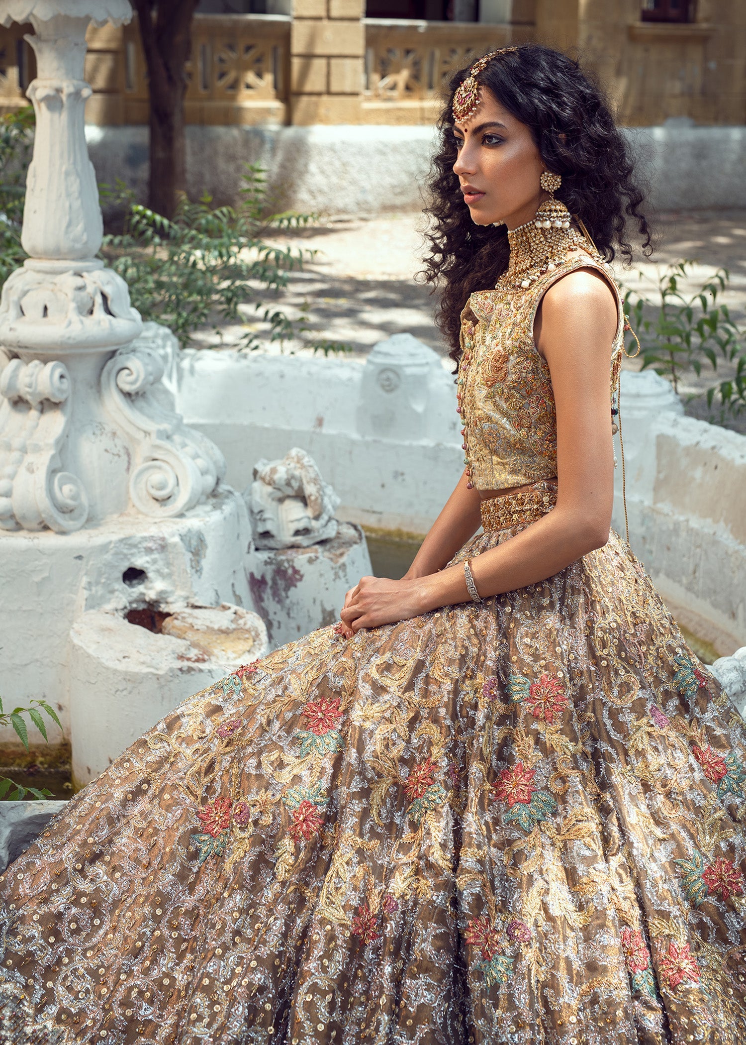 Antique Gold Embroidered Silk Bridal Lehenga (3-Piece) - Image 4