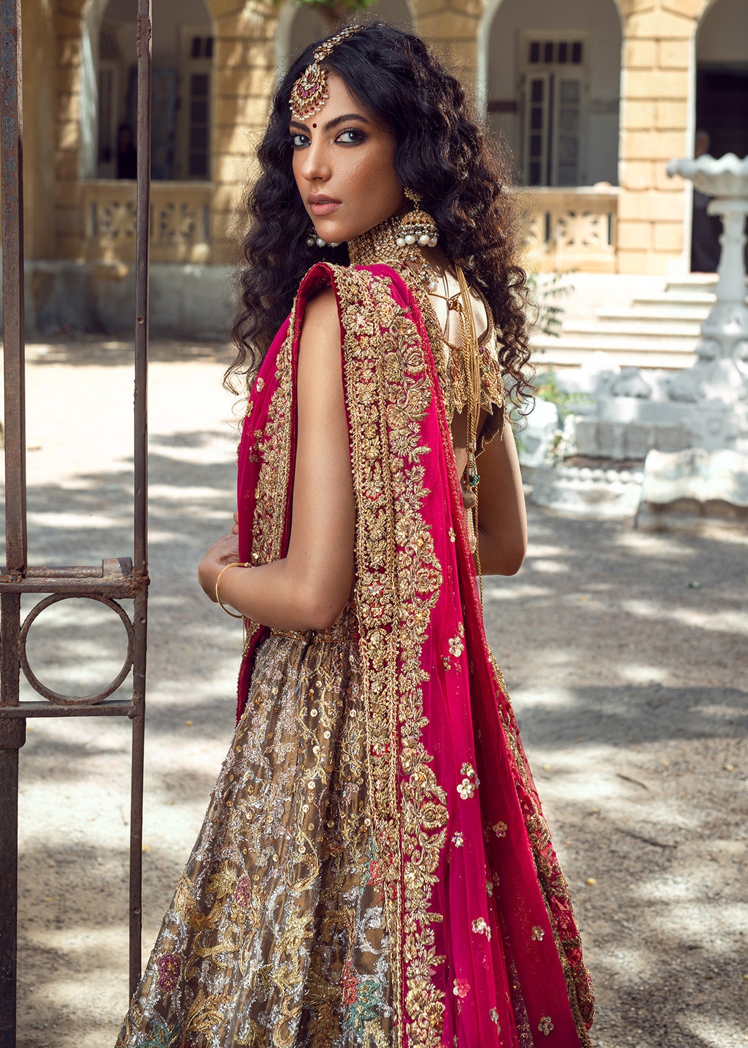 Antique Gold Embroidered Silk Bridal Lehenga (3-Piece) - Image 5