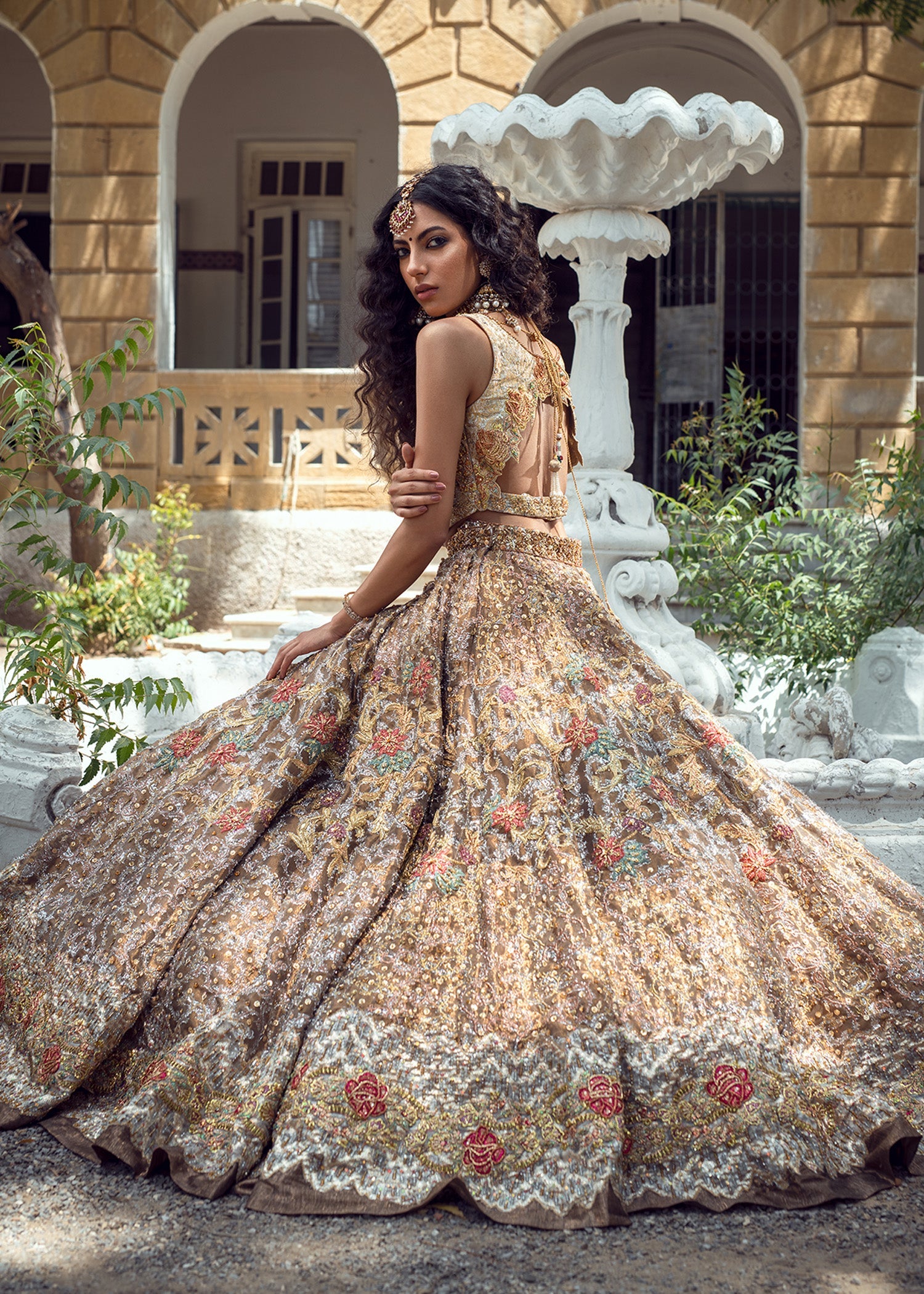 Antique Gold Embroidered Silk Bridal Lehenga (3-Piece) - Image 6