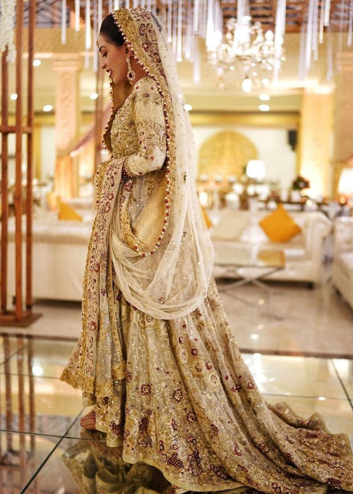 Gold Maroon Embellished Silk Bridal Lehenga (3-Piece) - Image 1