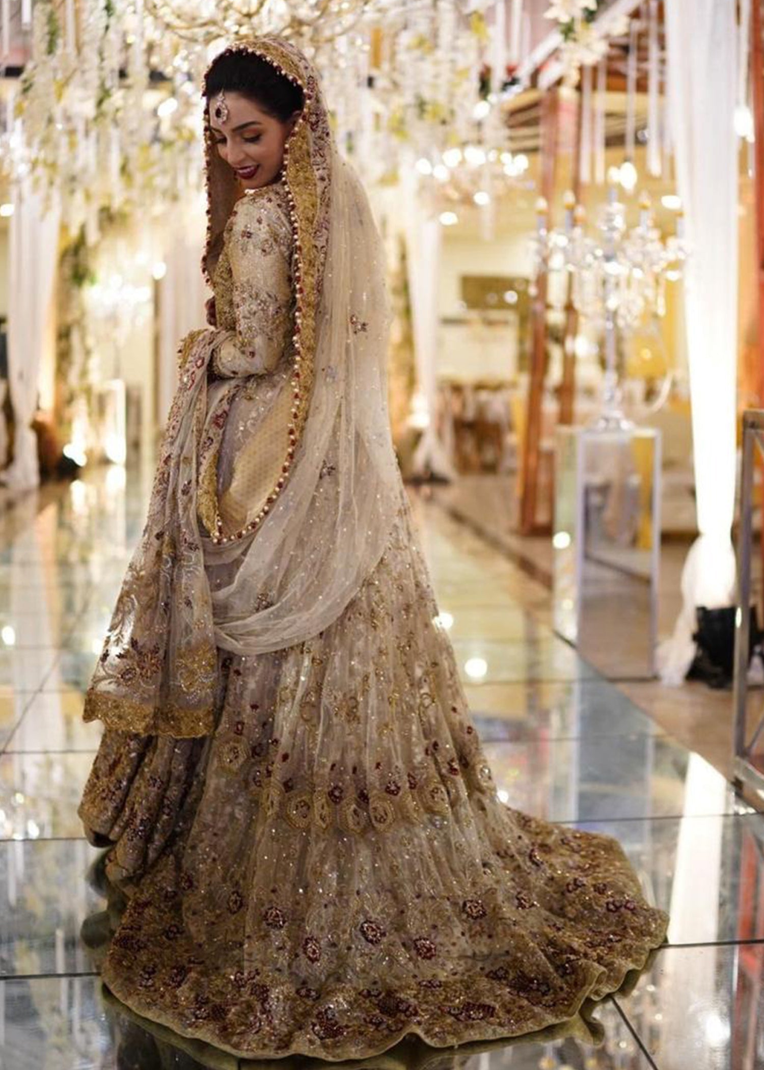 Gold Maroon Embellished Silk Bridal Lehenga (3-Piece) - Image 2