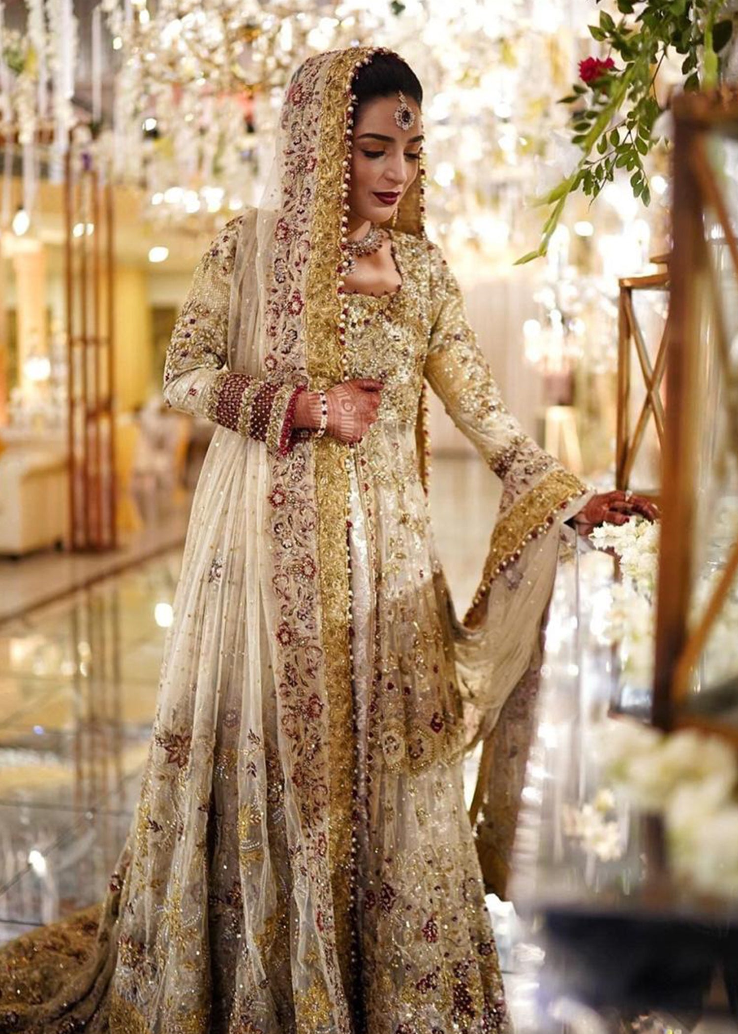 Gold Maroon Embellished Silk Bridal Lehenga (3-Piece) - Image 3