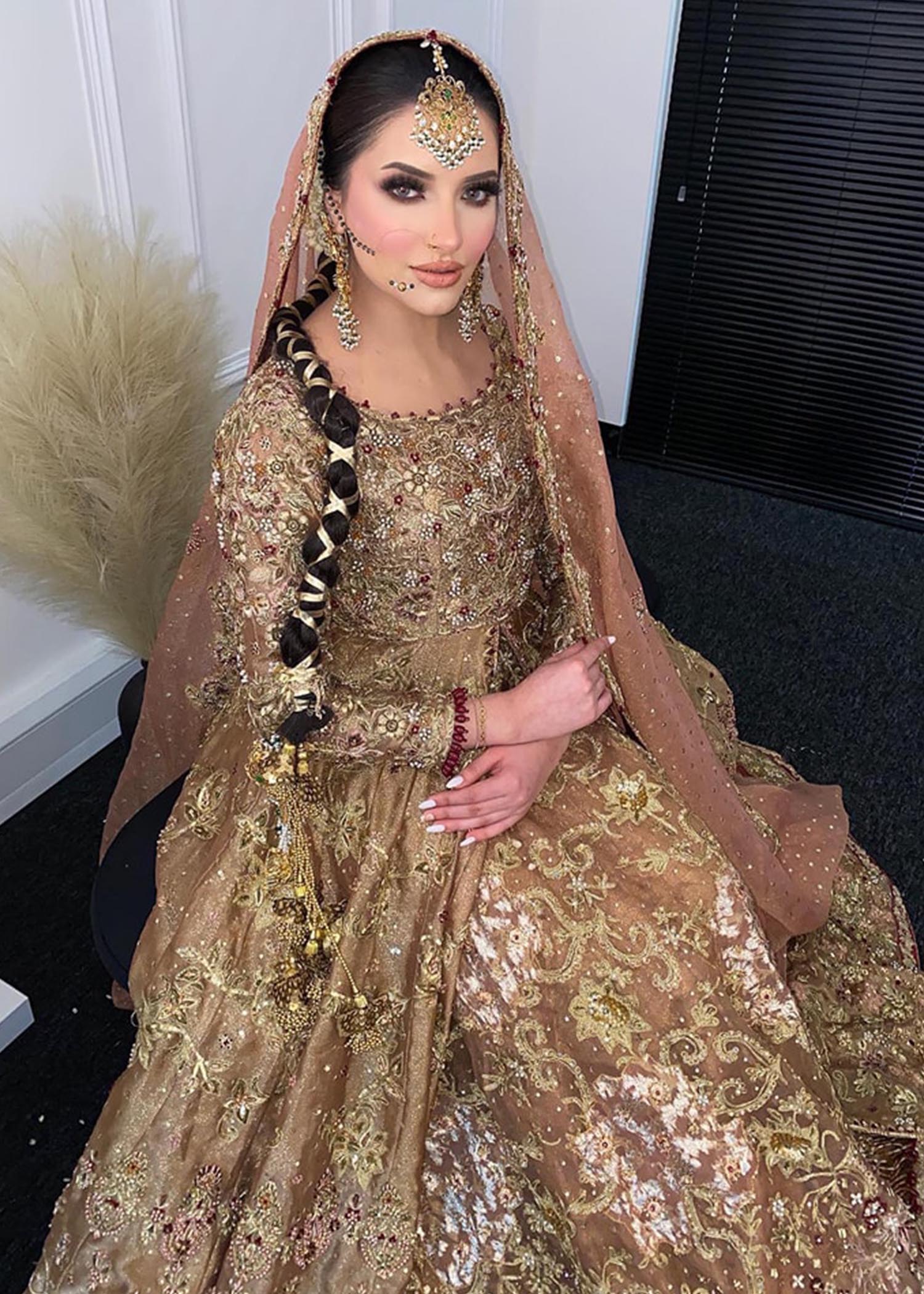 Antique Gold Embroidered Silk Blend Bridal Lehenga (3-Piece) - Image 1