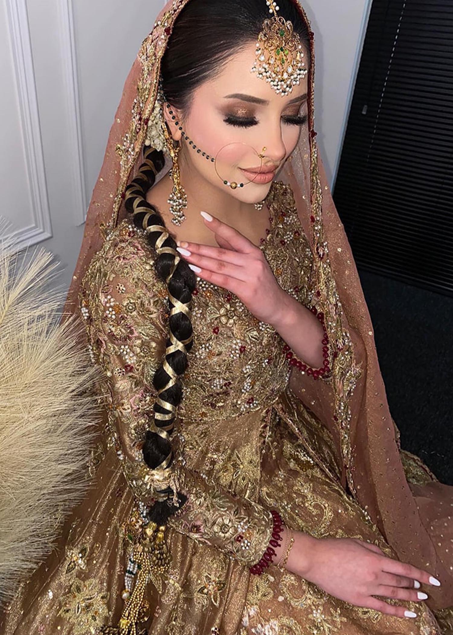 Antique Gold Embroidered Silk Blend Bridal Lehenga (3-Piece) - Image 2