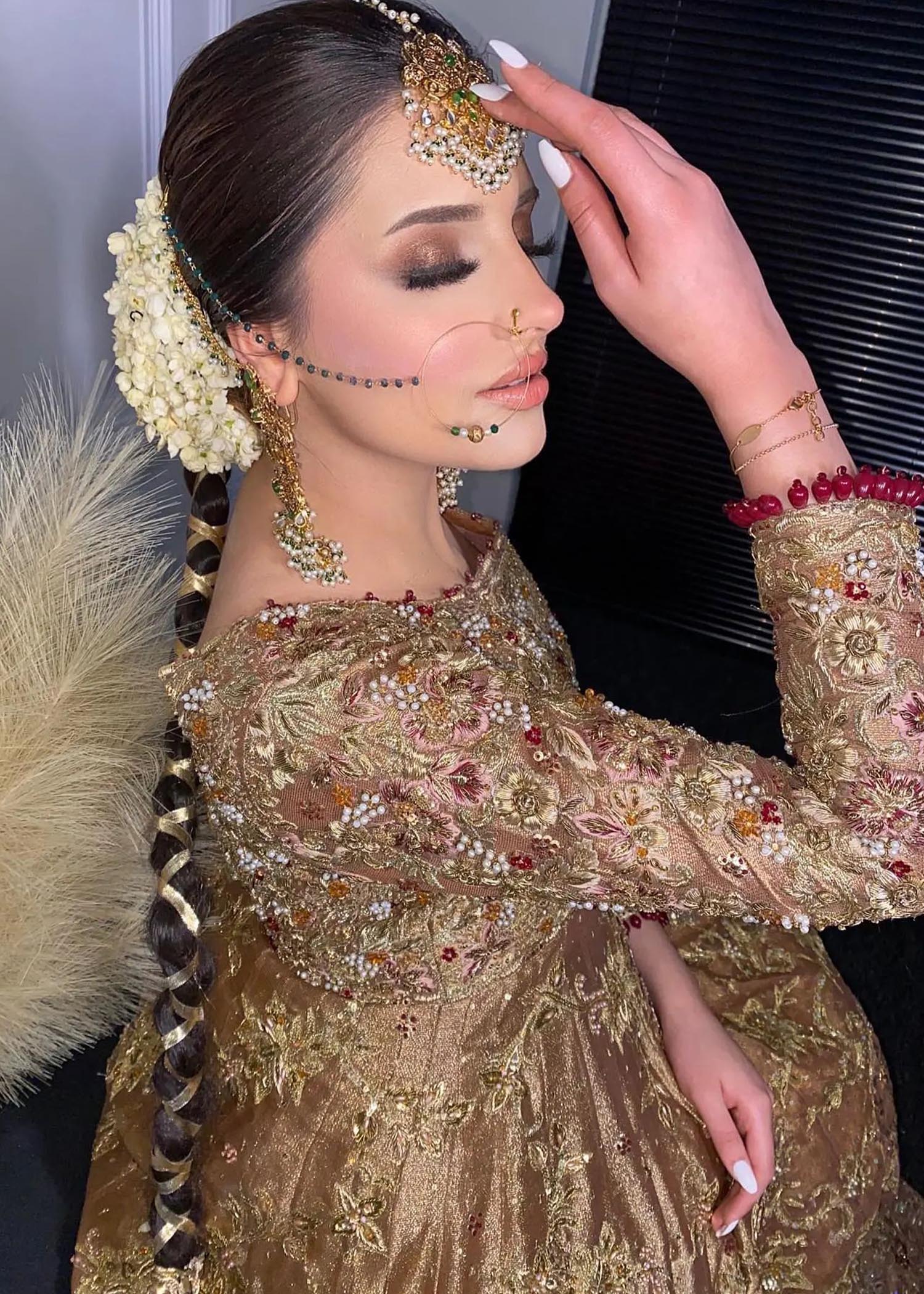 Antique Gold Embroidered Silk Blend Bridal Lehenga (3-Piece) - Image 4