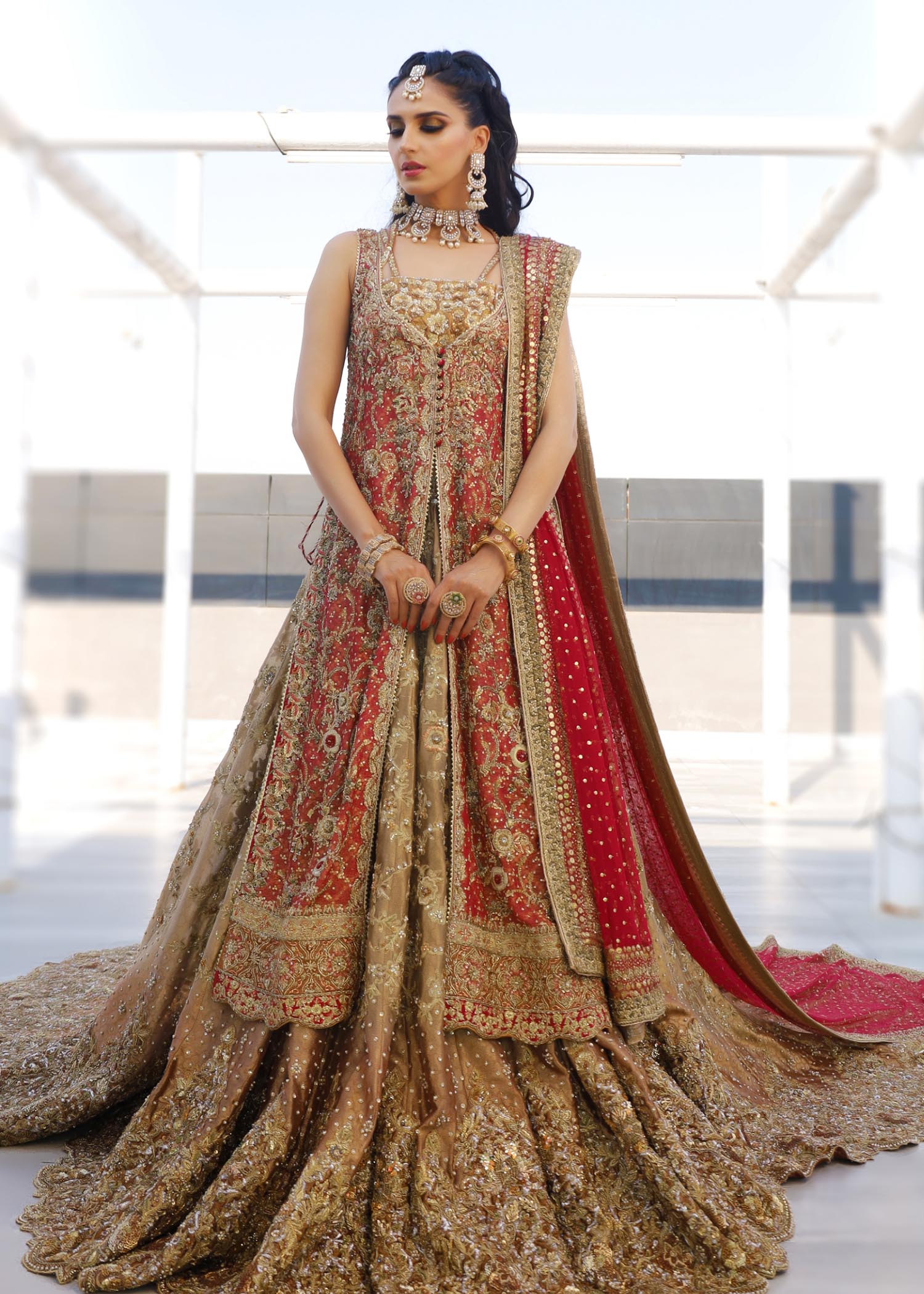 Pakistani Antique Gold & Deep Red Embellished Silk Lehenga (3-Piece) - Image 1