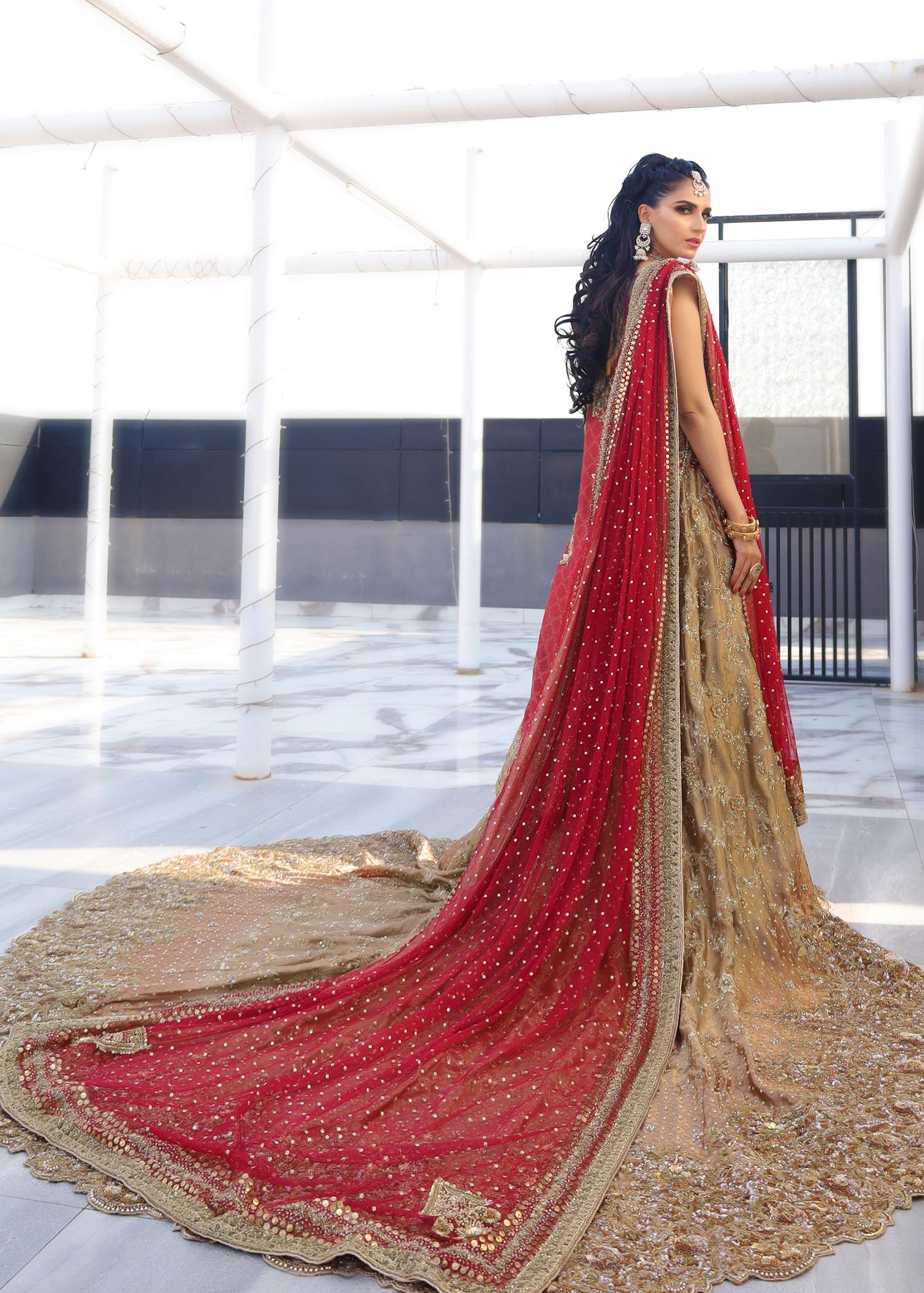 Pakistani Antique Gold & Deep Red Embellished Silk Lehenga (3-Piece) - Image 2