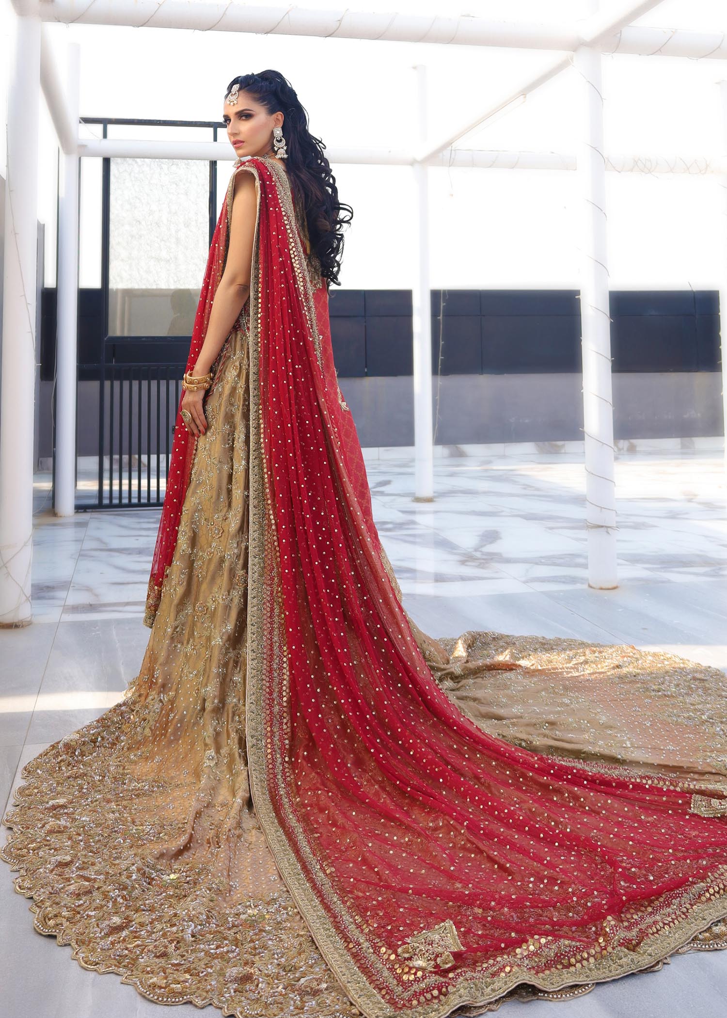 Pakistani Antique Gold & Deep Red Embellished Silk Lehenga (3-Piece) - Image 3