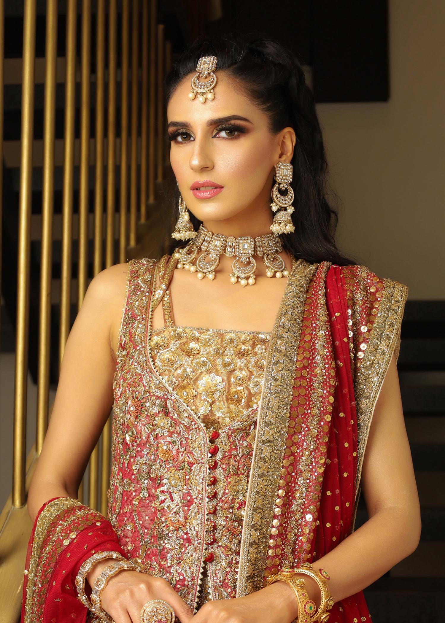 Pakistani Antique Gold & Deep Red Embellished Silk Lehenga (3-Piece) - Image 4