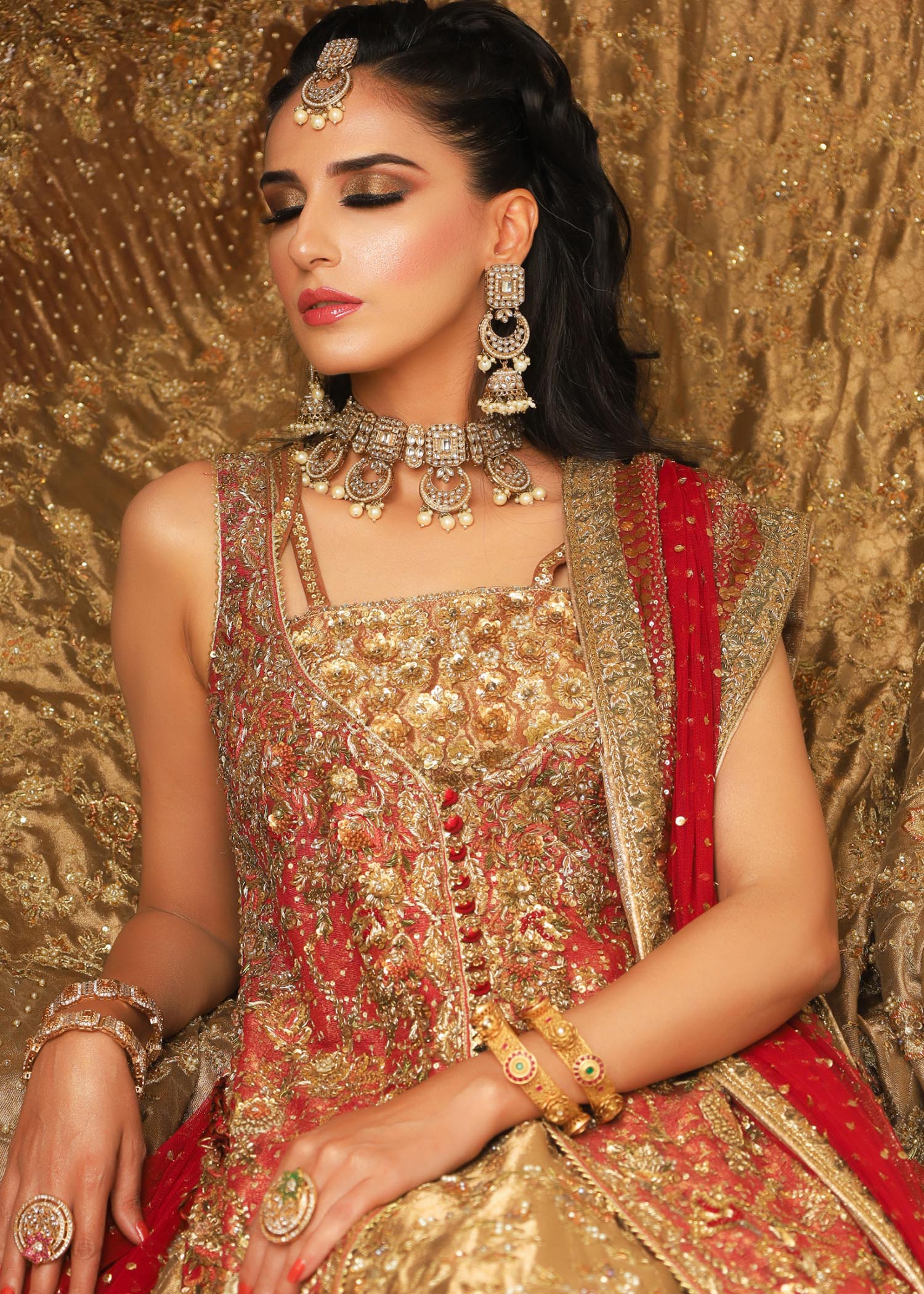 Pakistani Antique Gold & Deep Red Embellished Silk Lehenga (3-Piece) - Image 5