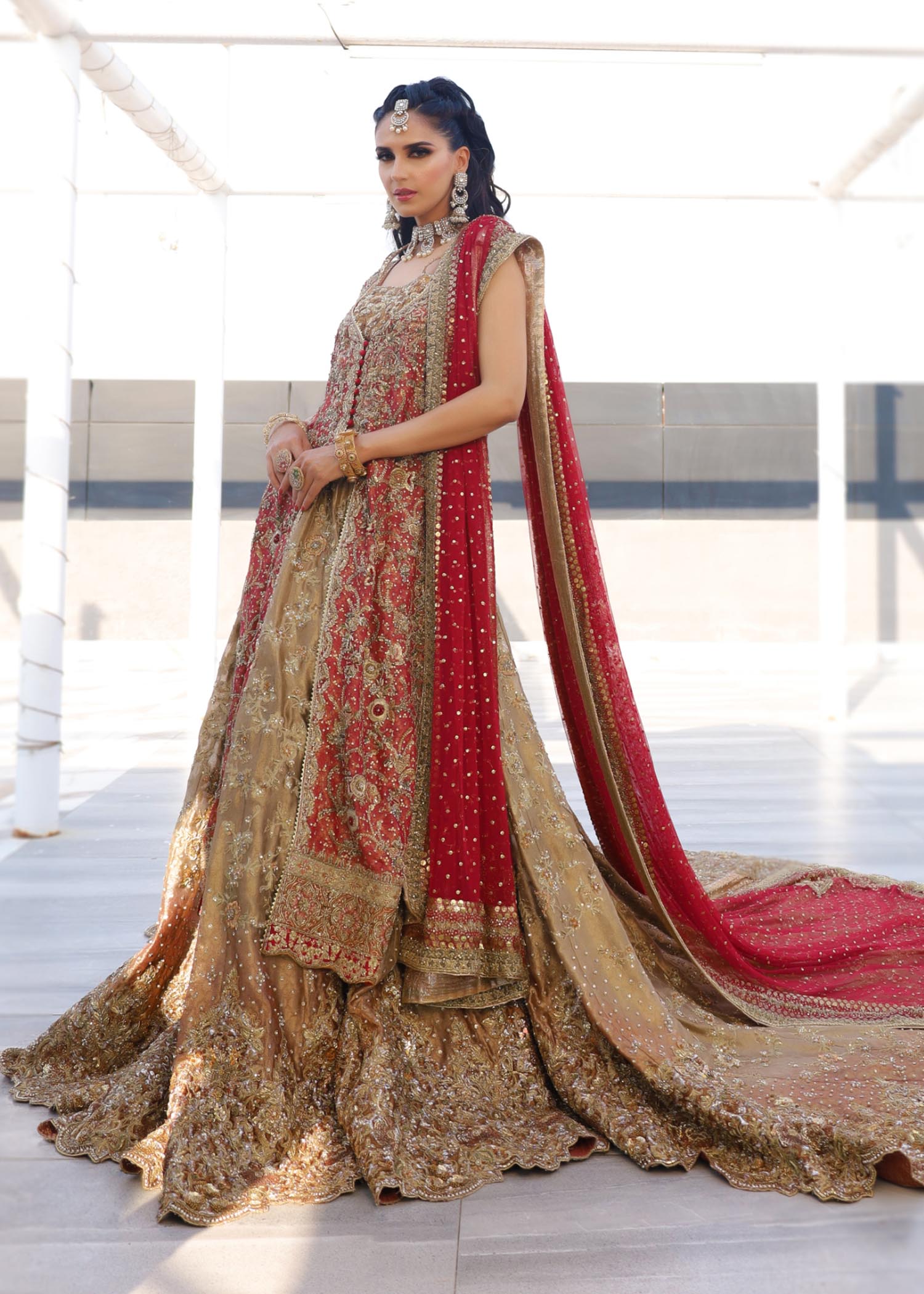 Pakistani Antique Gold & Deep Red Embellished Silk Lehenga (3-Piece) - Image 6